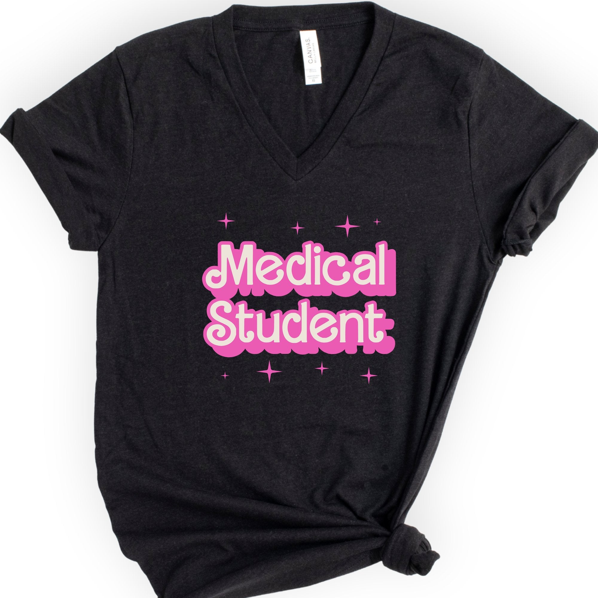 Custom Profession Pink Doll V-Neck T-shirt — Retro Script — Black