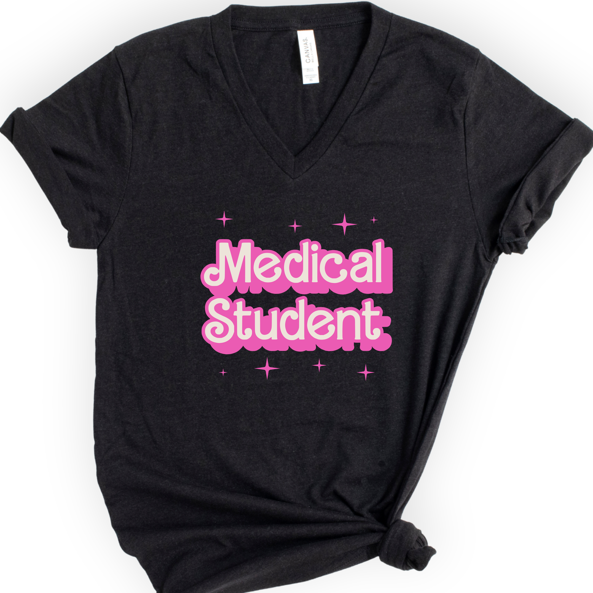 Custom Profession Pink Doll V-Neck T-shirt — Retro Script — Black