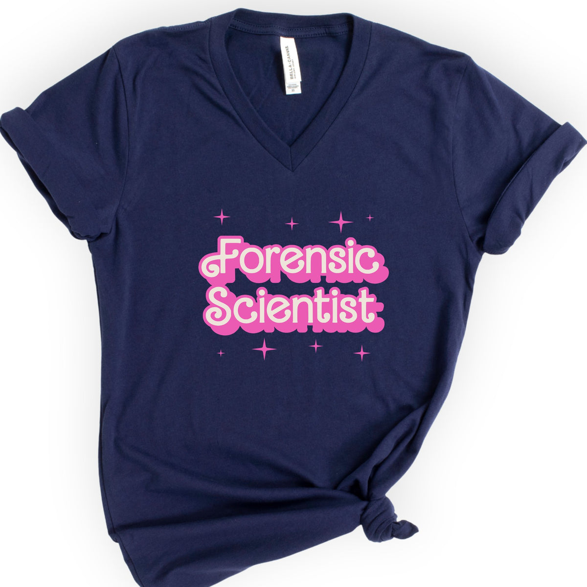 Custom Profession Pink Doll V-Neck T-shirt — Retro Script — Navy