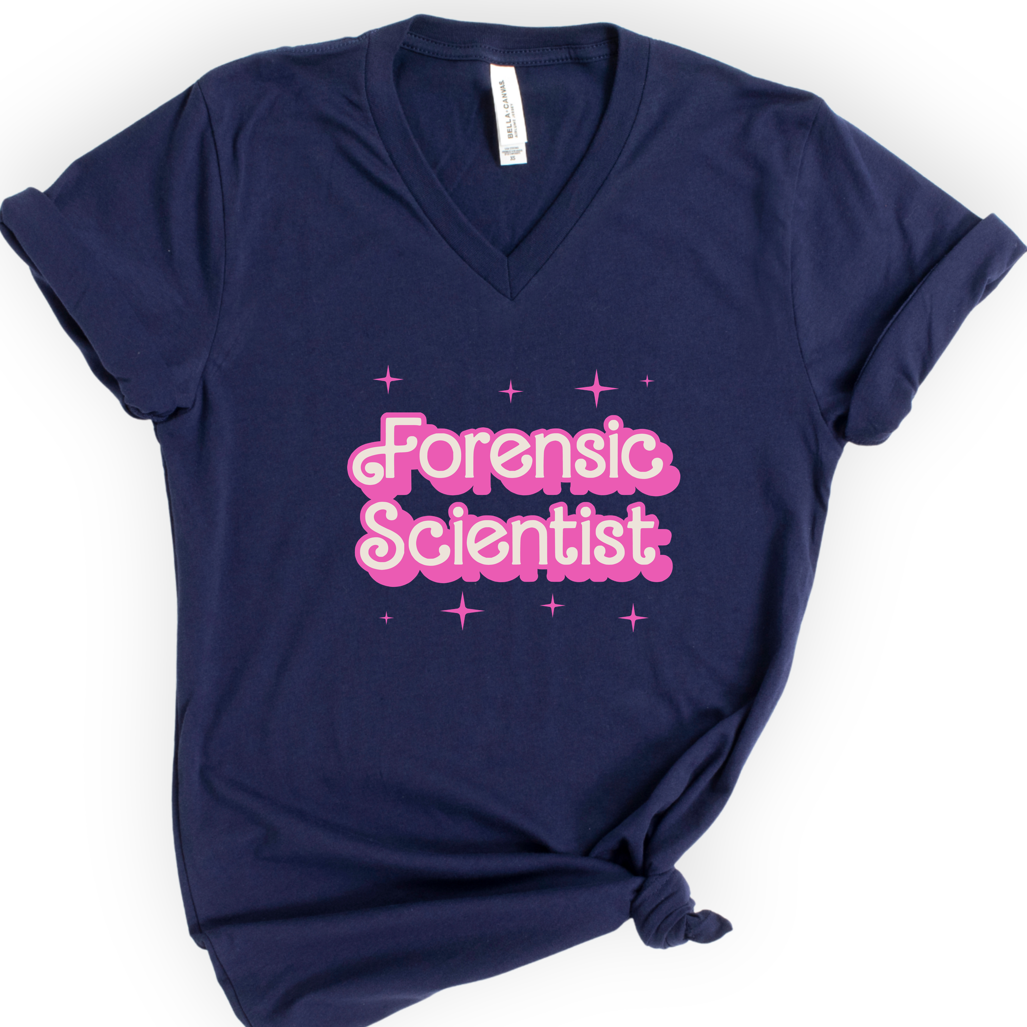 Custom Profession Pink Doll V-Neck T-shirt — Retro Script — Navy