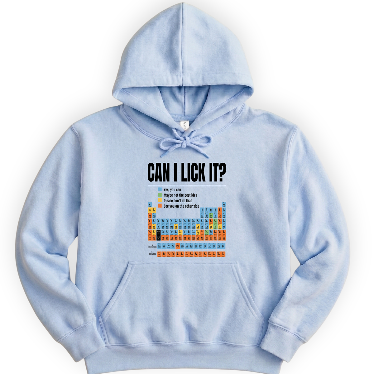 Can I Lick It Periodic Table hoodie — Light Blue