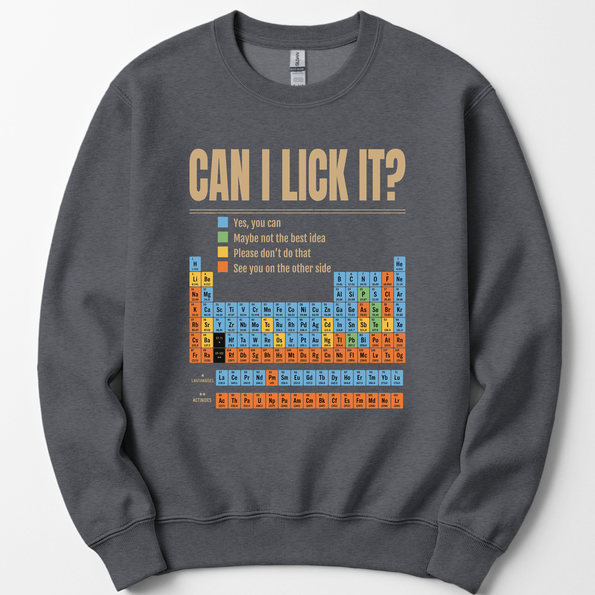 Can I Lick It Periodic Table sweatshirt — Dark Heather