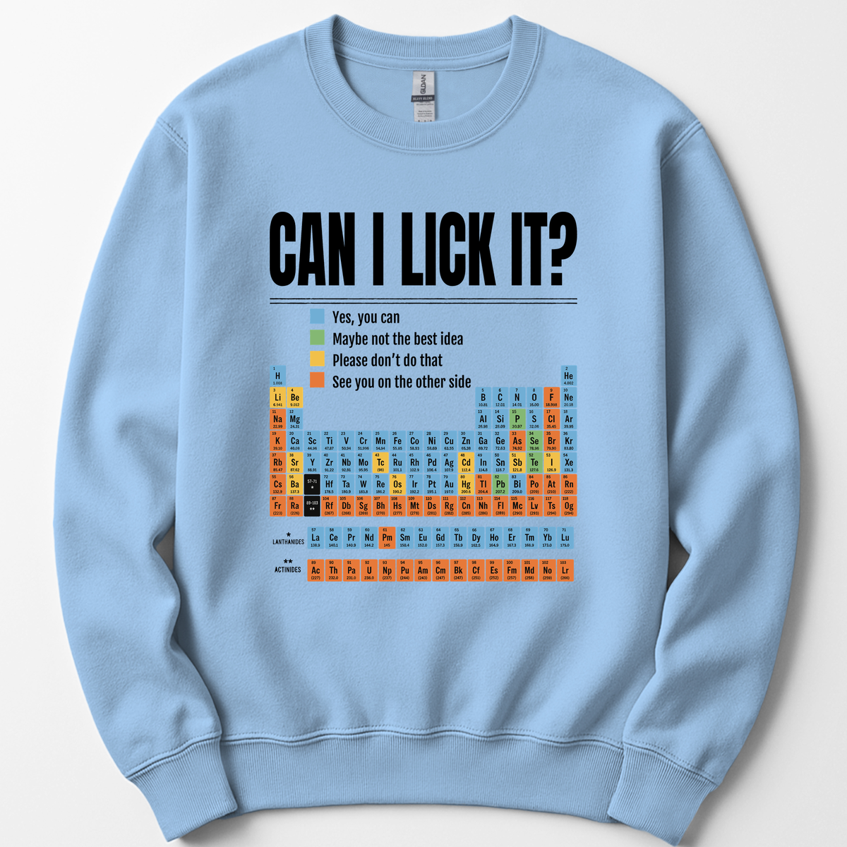 Can I Lick It Periodic Table sweatshirt — Light Blue