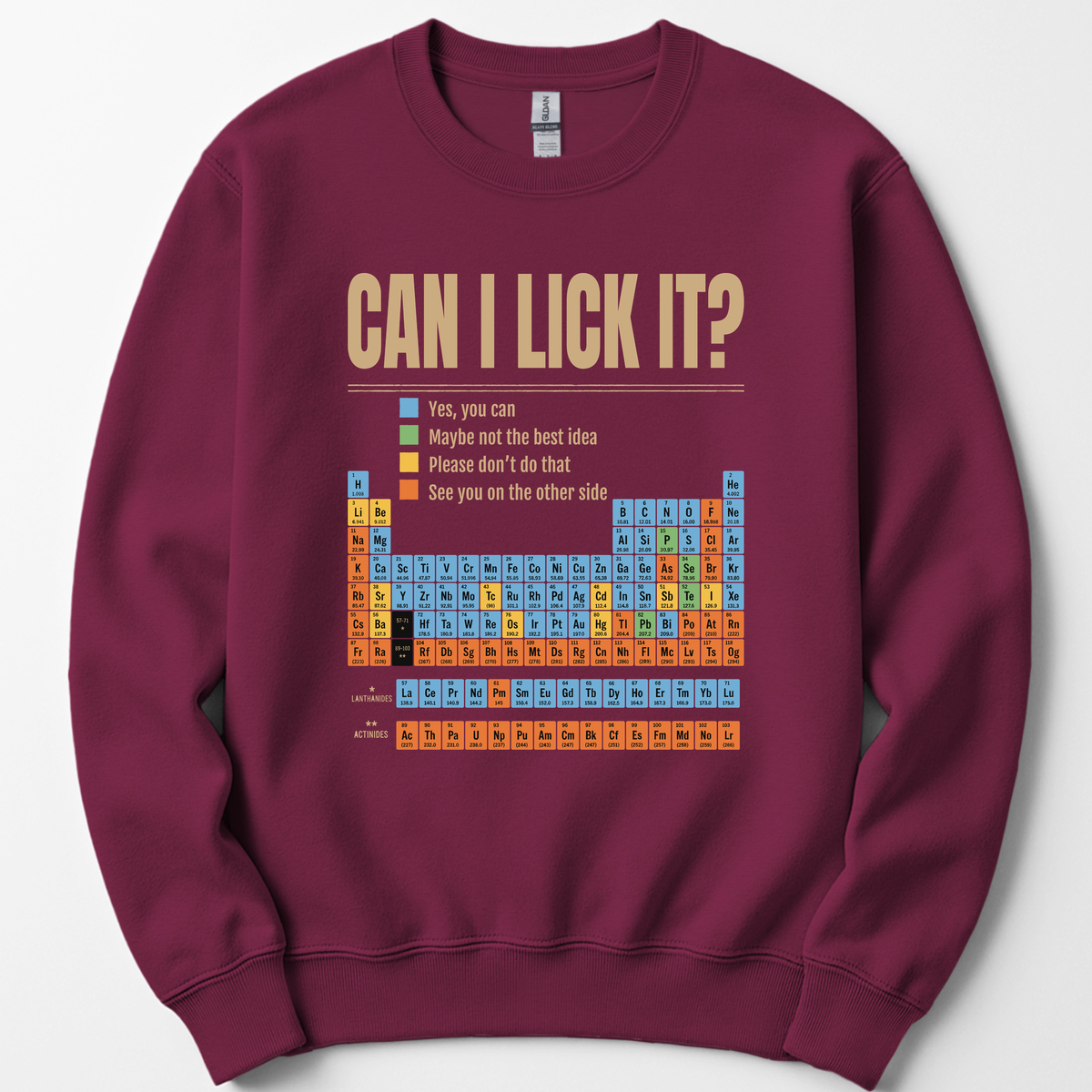 Can I Lick It Periodic Table sweatshirt — Maroon