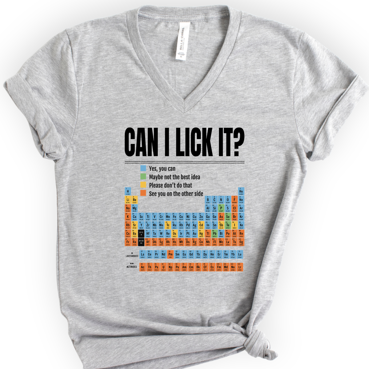Can I Lick It Periodic Table v-neck t-shirt — Athletic Heather
