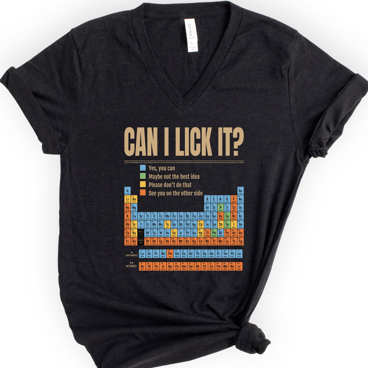 Can I Lick It Periodic Table v-neck t-shirt — Black