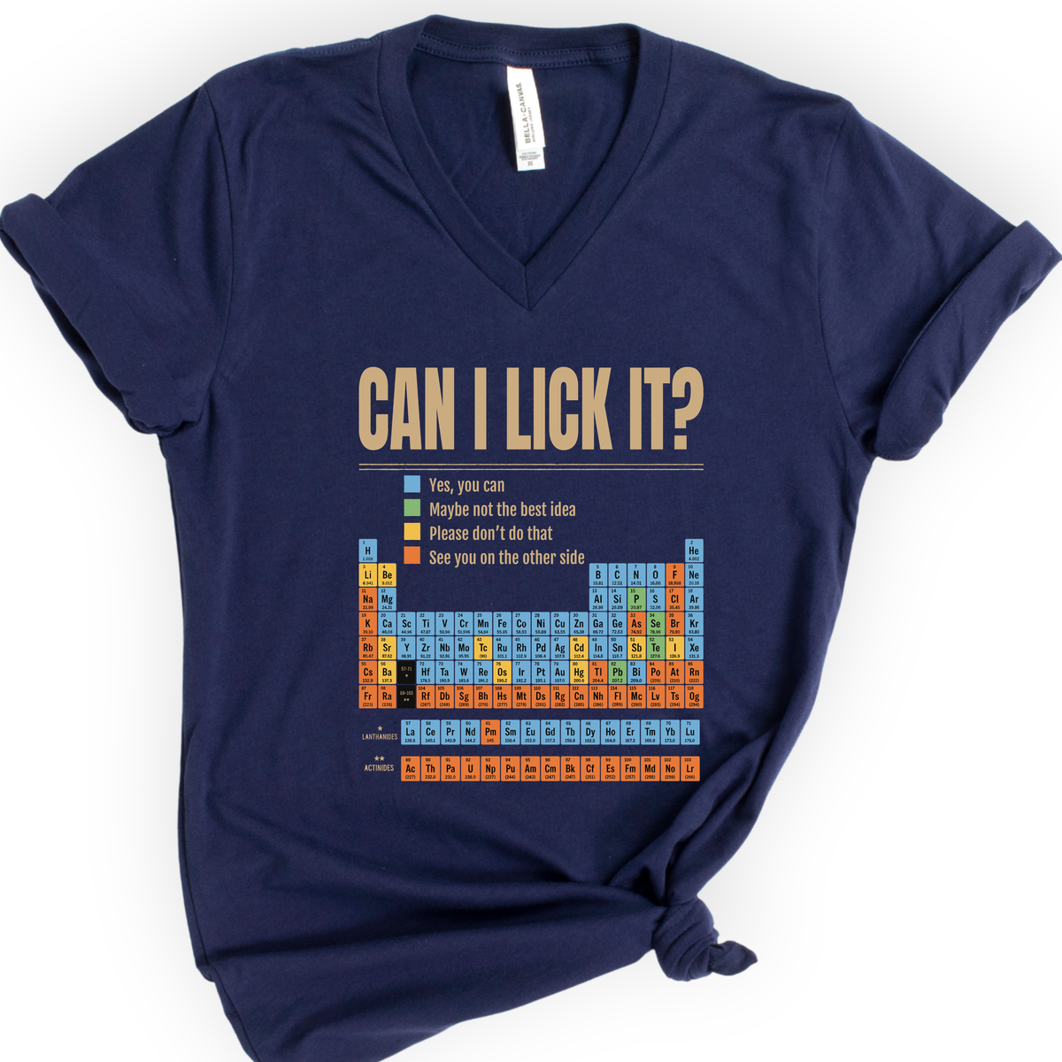 Can I Lick It Periodic Table v-neck t-shirt — Navy
