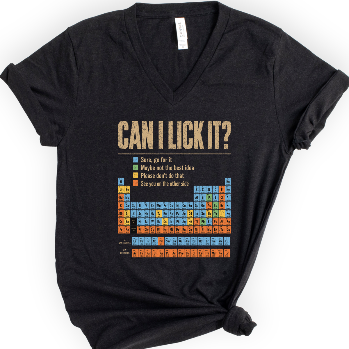 Can I Lick It Periodic Table v-neck t-shirt — Black