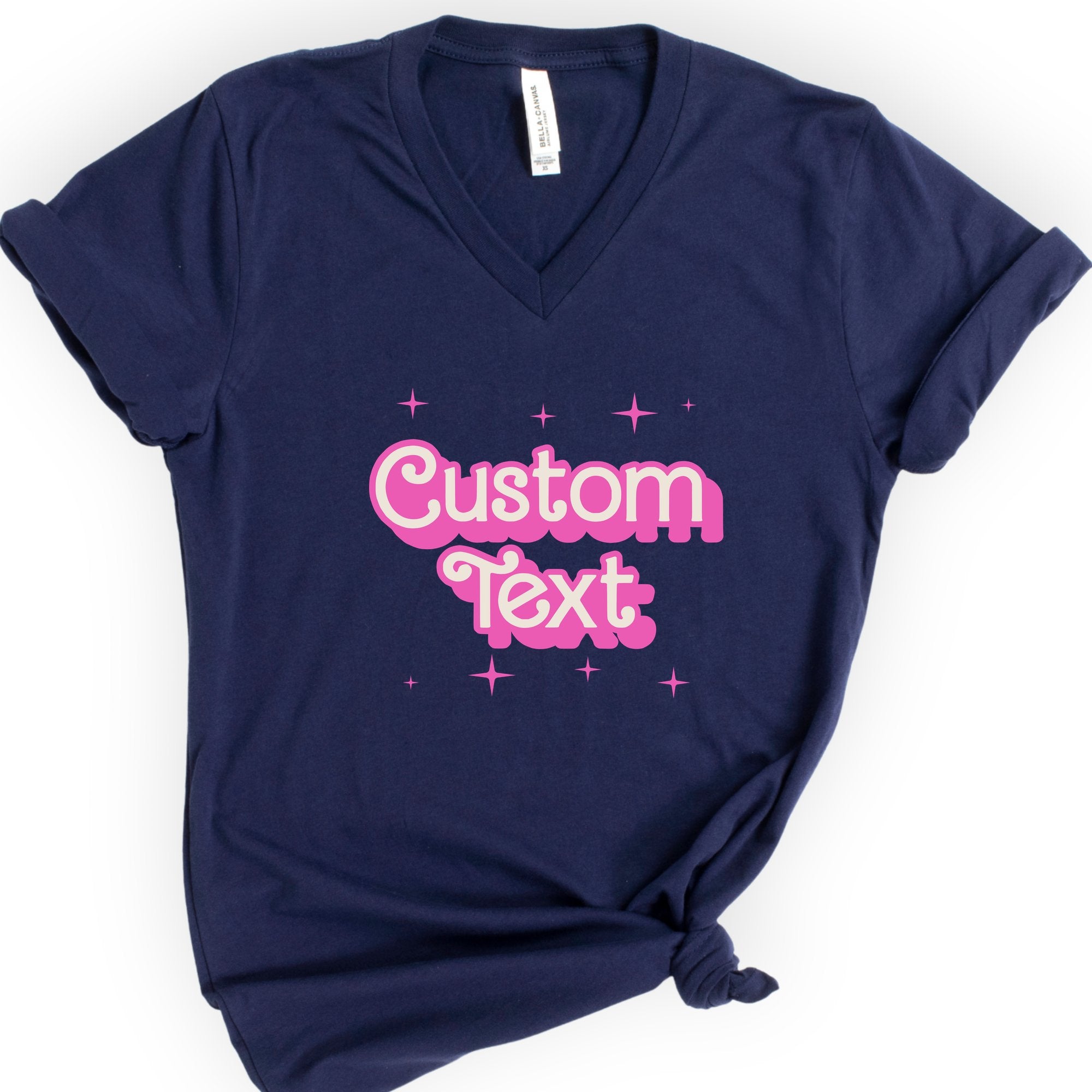 Custom Profession Pink Doll V-Neck T-shirt Navy — type your own profession