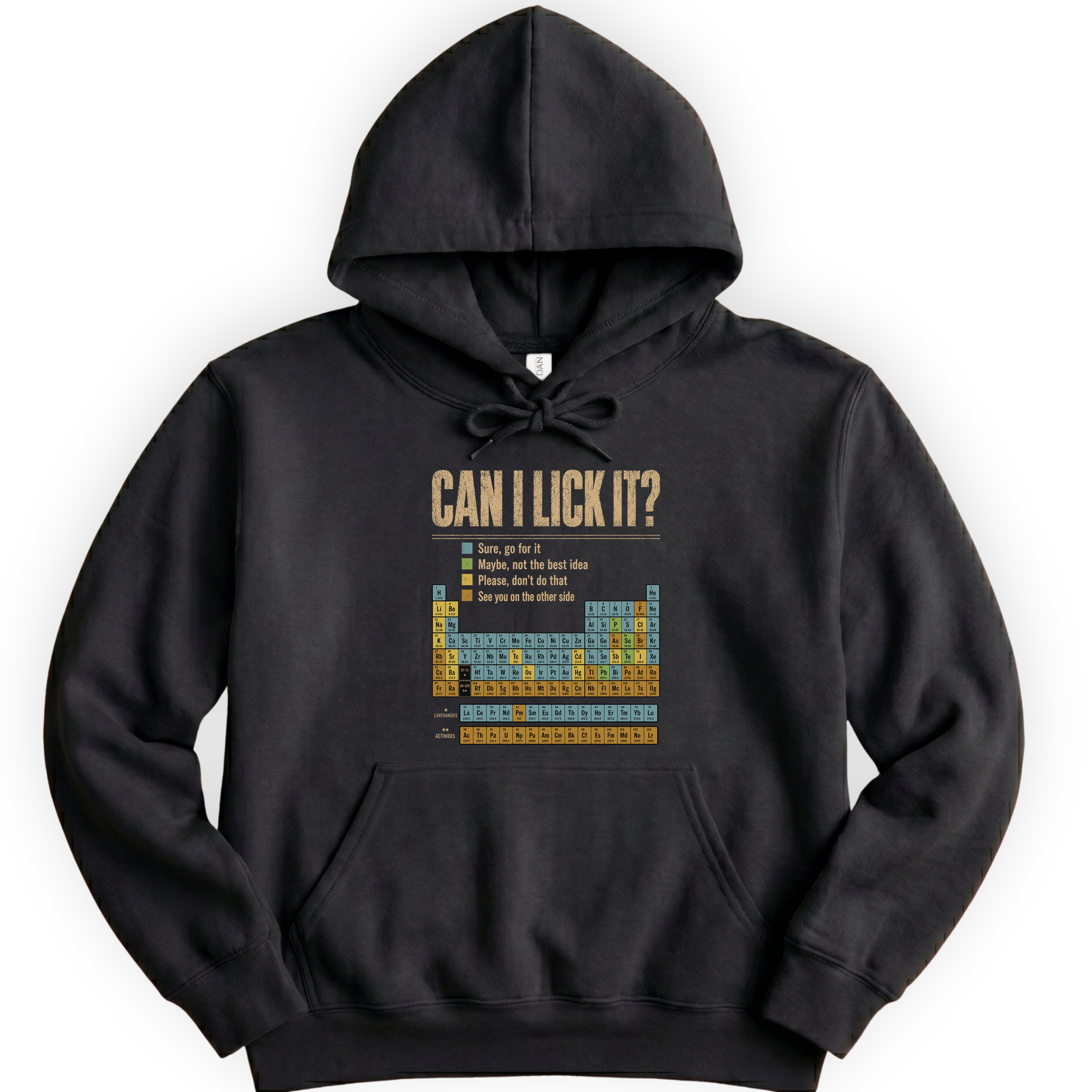 Can I Lick It Periodic Table hoodie — Black