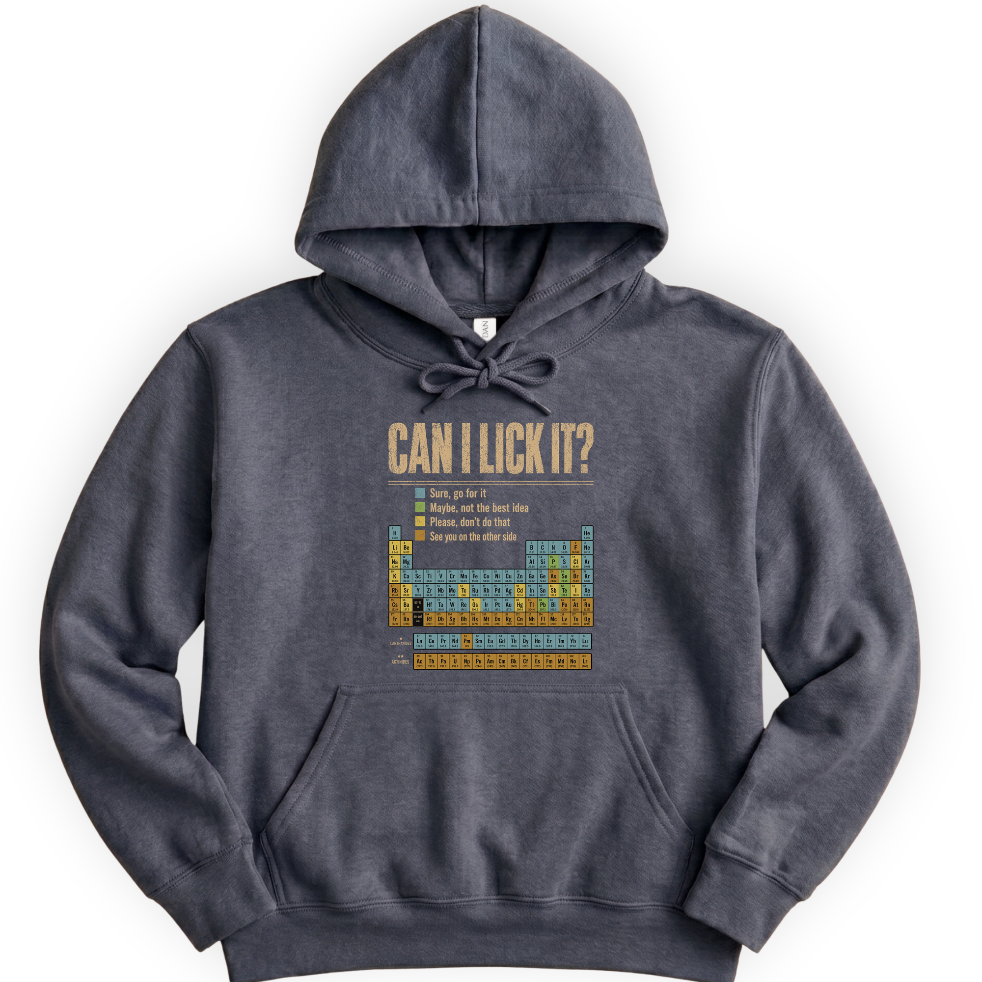 Can I Lick It Periodic Table hoodie — Dark Heather