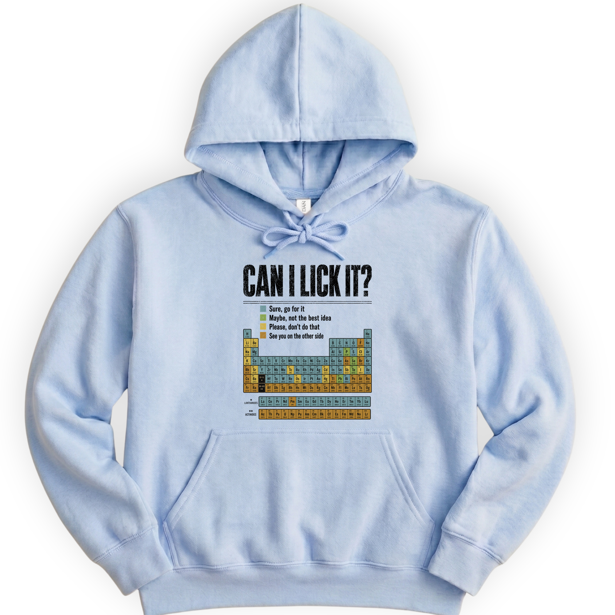 Can I Lick It Periodic Table hoodie — Light Blue
