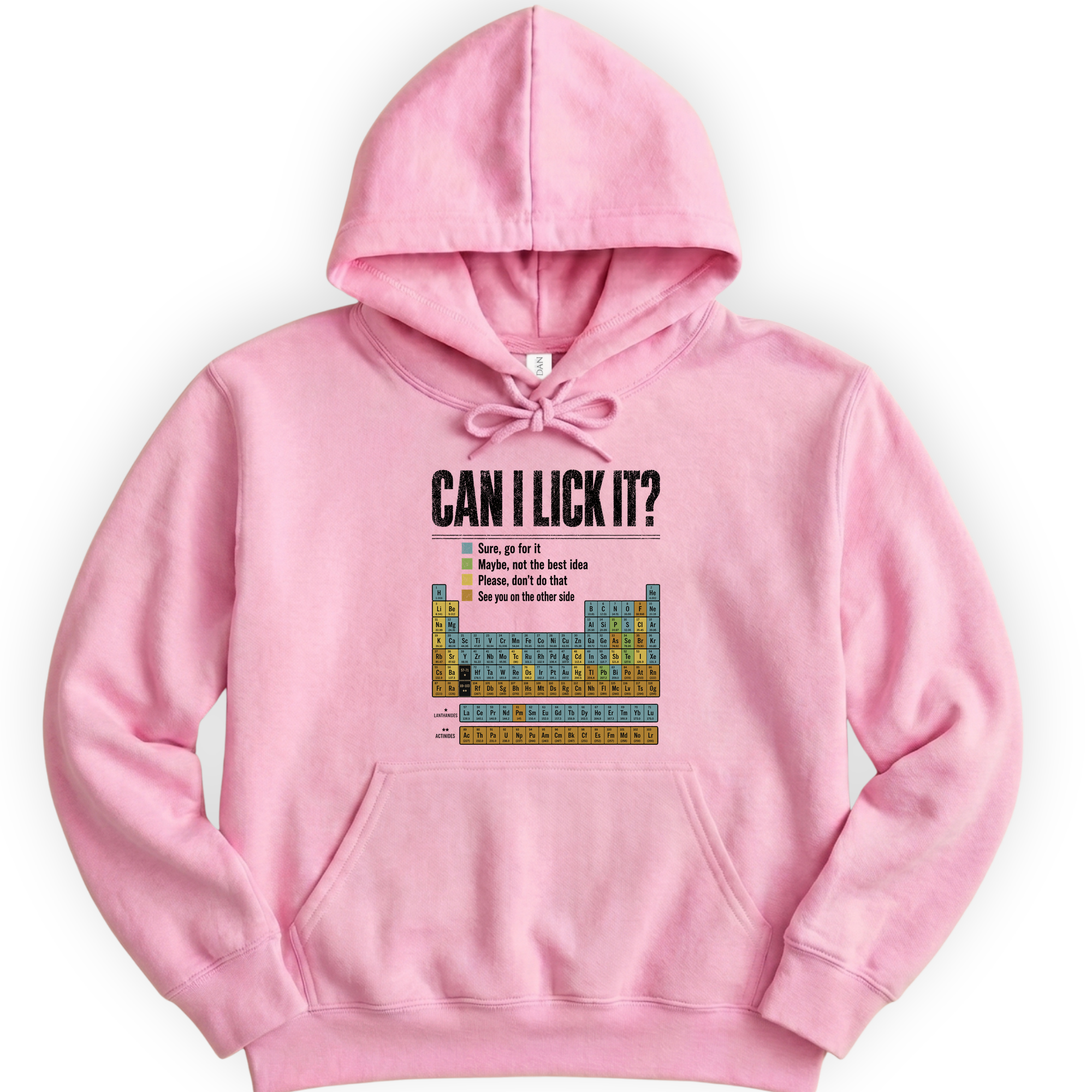 Can I Lick It Periodic Table hoodie — Light Pink