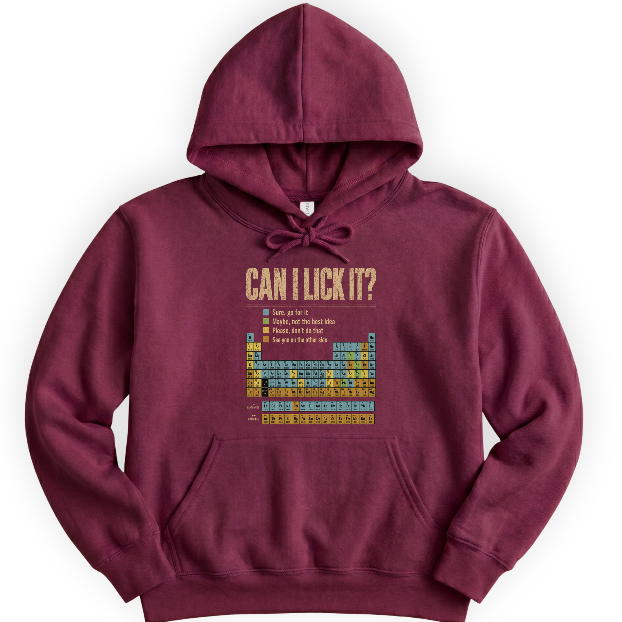 Can I Lick It Periodic Table hoodie — Maroon