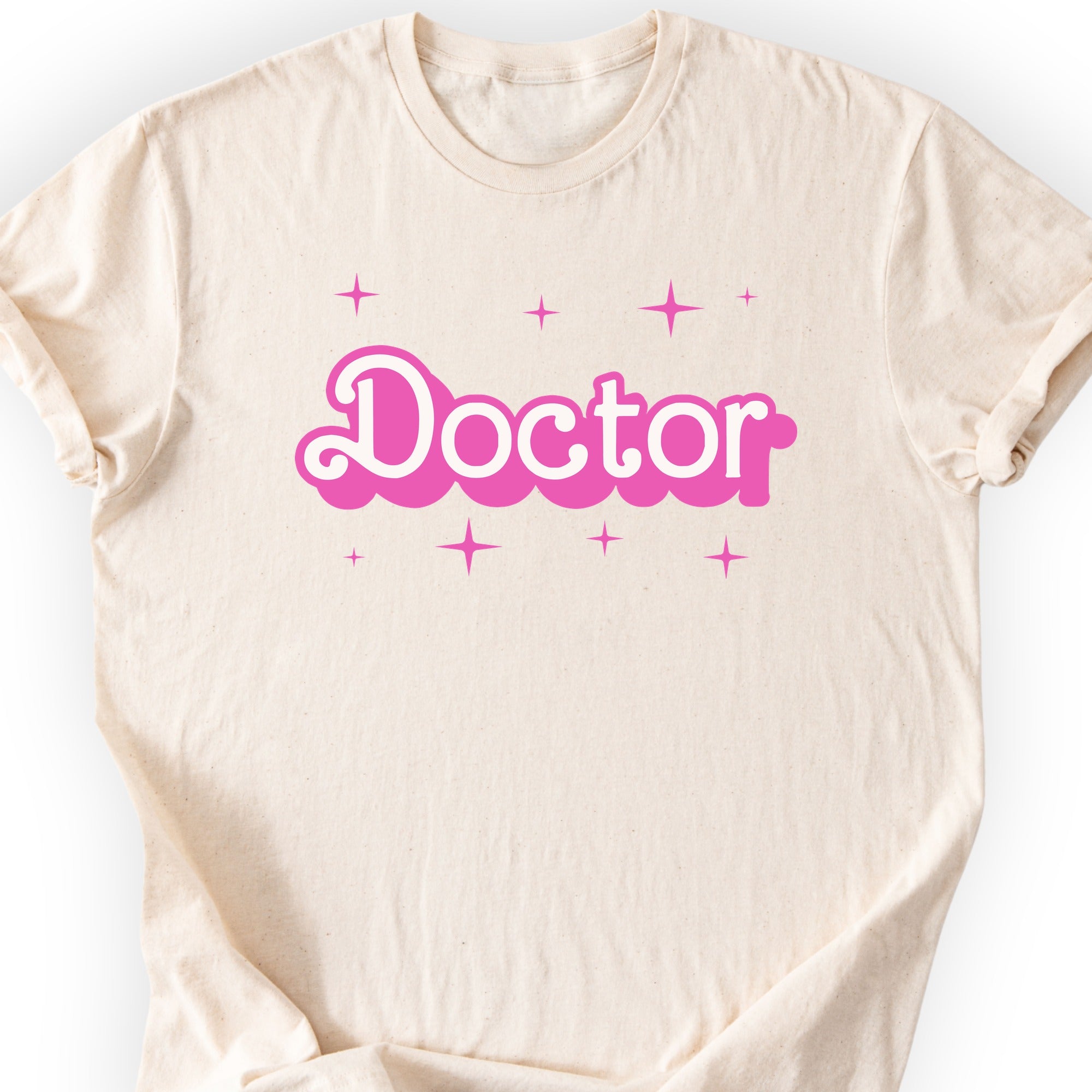 Doctor Pink Doll T-shirt — Retro Script — Natural