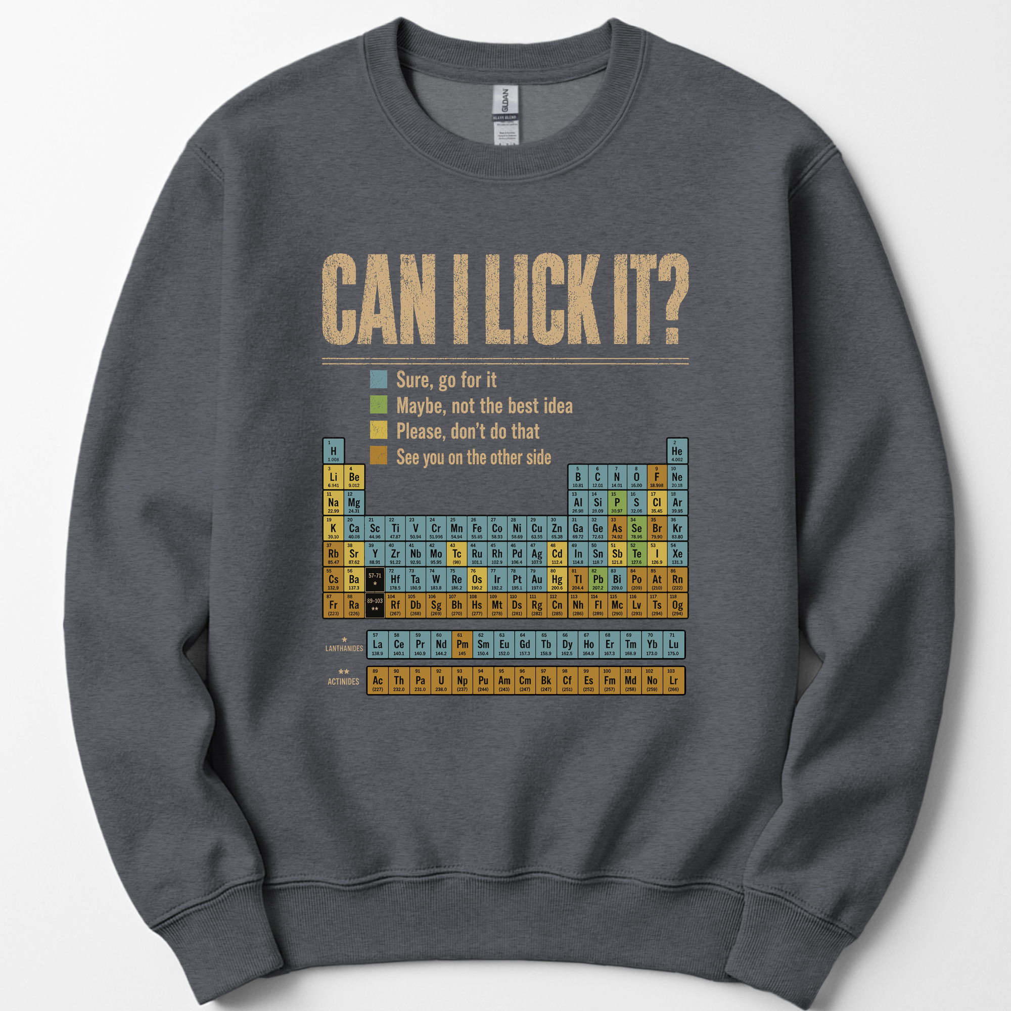 Can I Lick It Periodic Table sweatshirt — Dark Heather