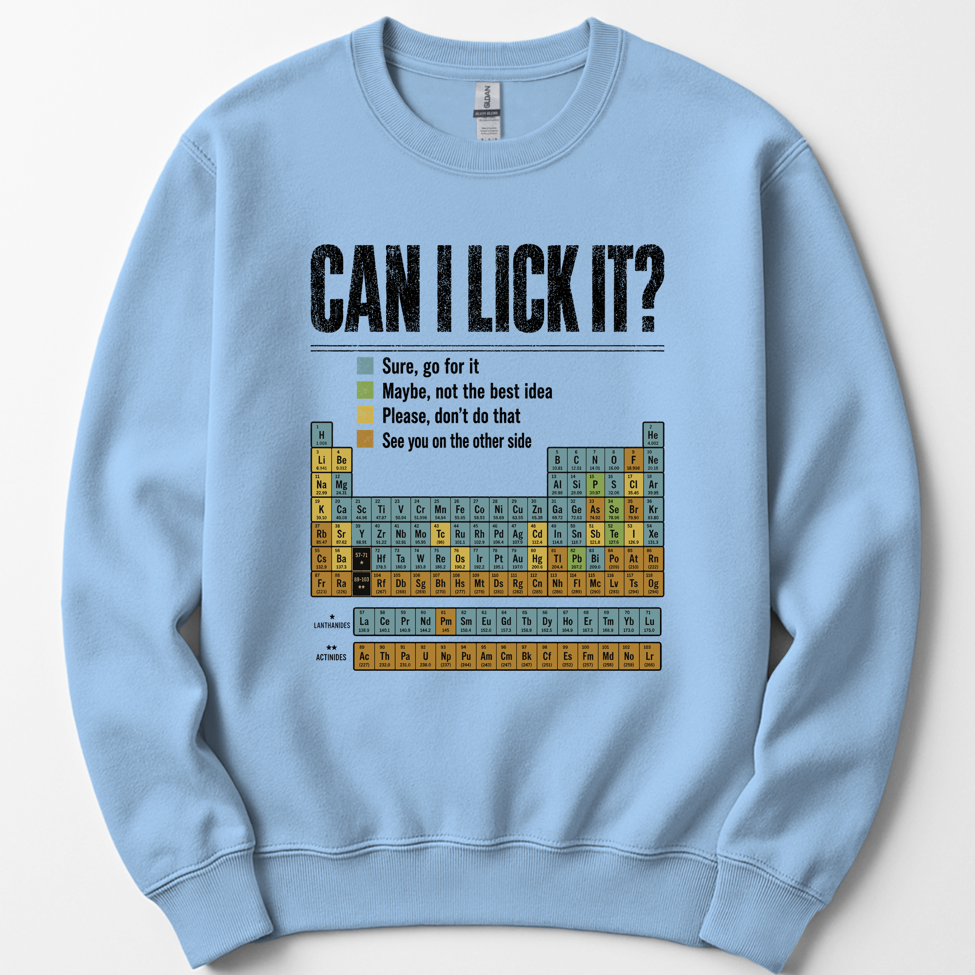 Can I Lick It Periodic Table sweatshirt — Light Blue