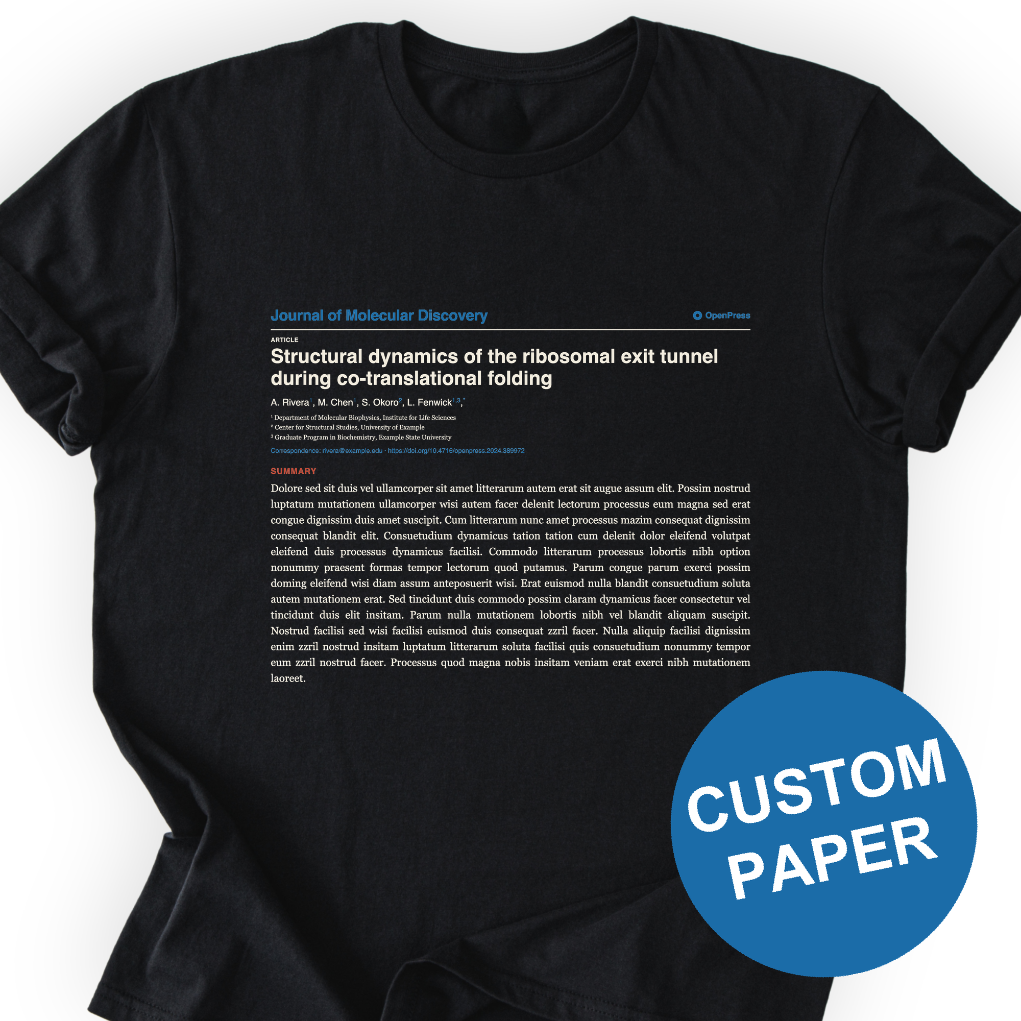 Custom scientific paper t-shirt in Black — journal colors kept, text printed in cream
