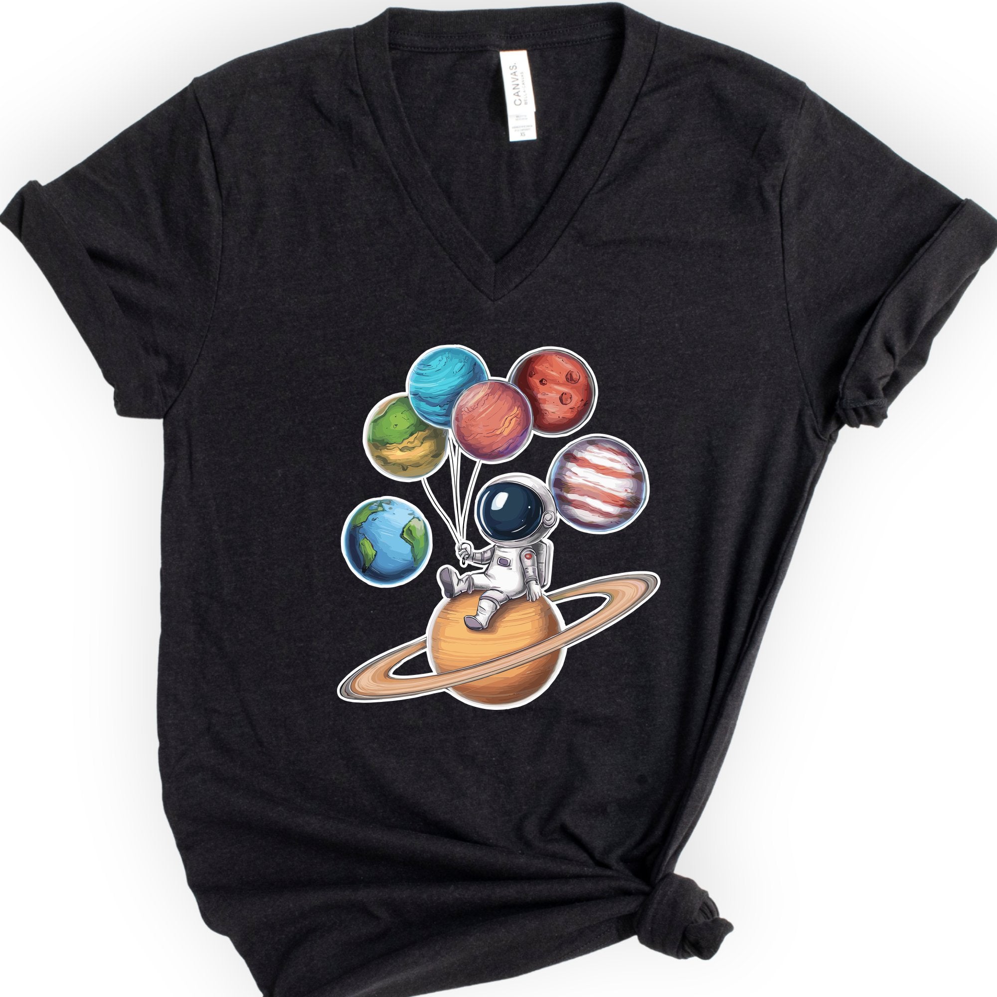 Astronaut and Planets v-neck t-shirt — Black