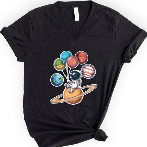 Astronaut and Planets v-neck t-shirt — Black