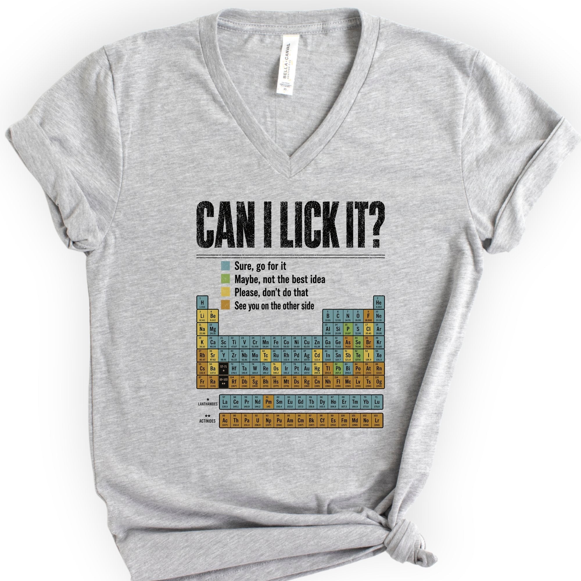 Can I Lick It Periodic Table v-neck t-shirt — Athletic Heather