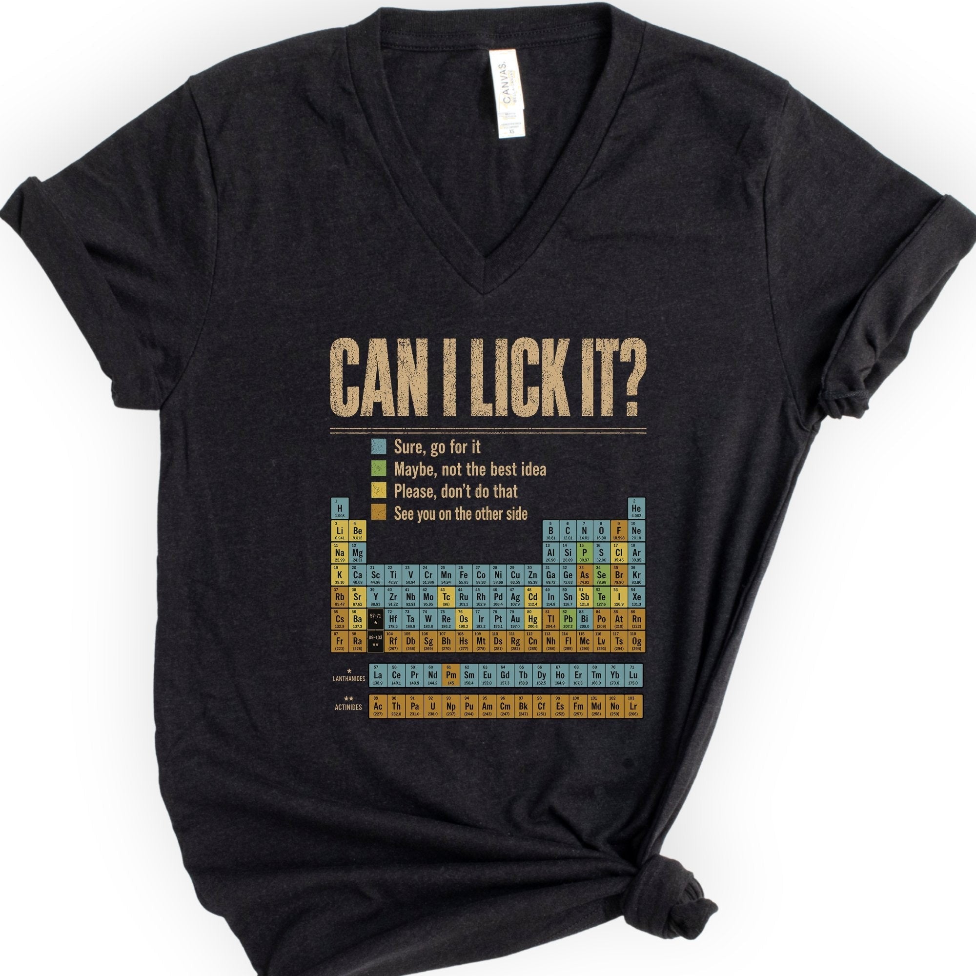 Can I Lick It Periodic Table v-neck t-shirt — Black
