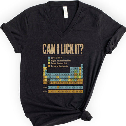 Can I Lick It Periodic Table v-neck t-shirt — Black