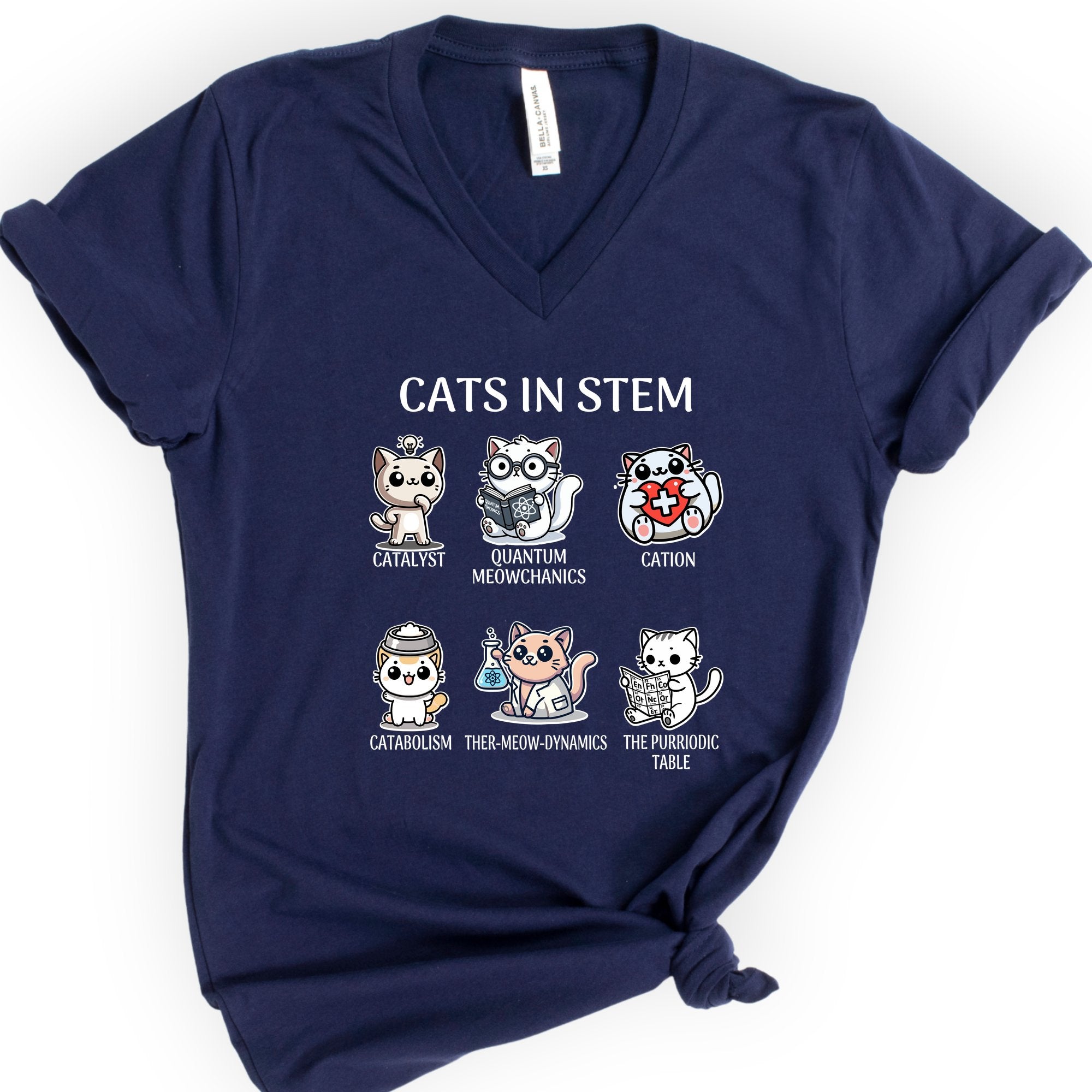 Cats In STEM v-neck t-shirt — Navy