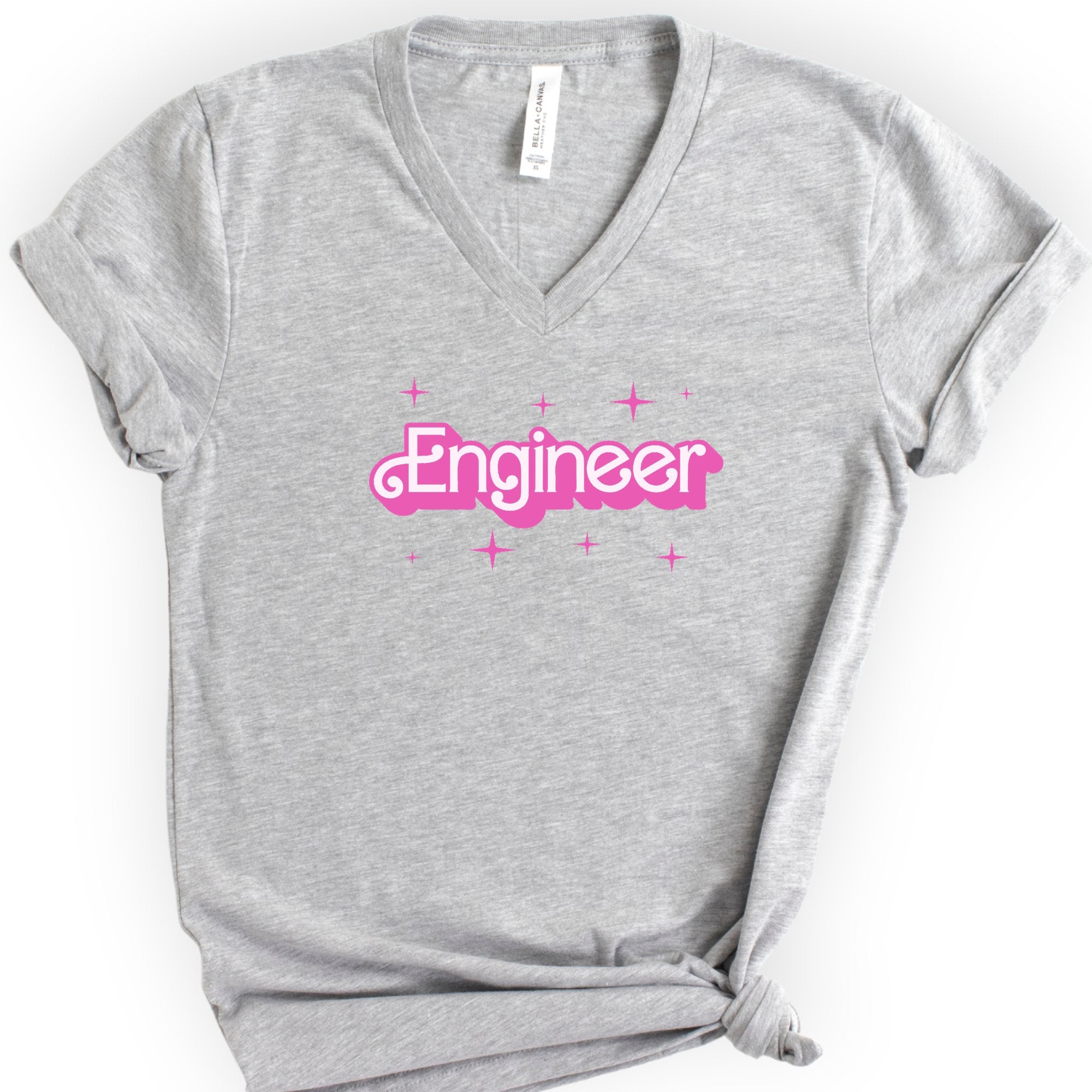 Engineer Pink Doll — Retro Script v-neck t-shirt — Athletic Heather