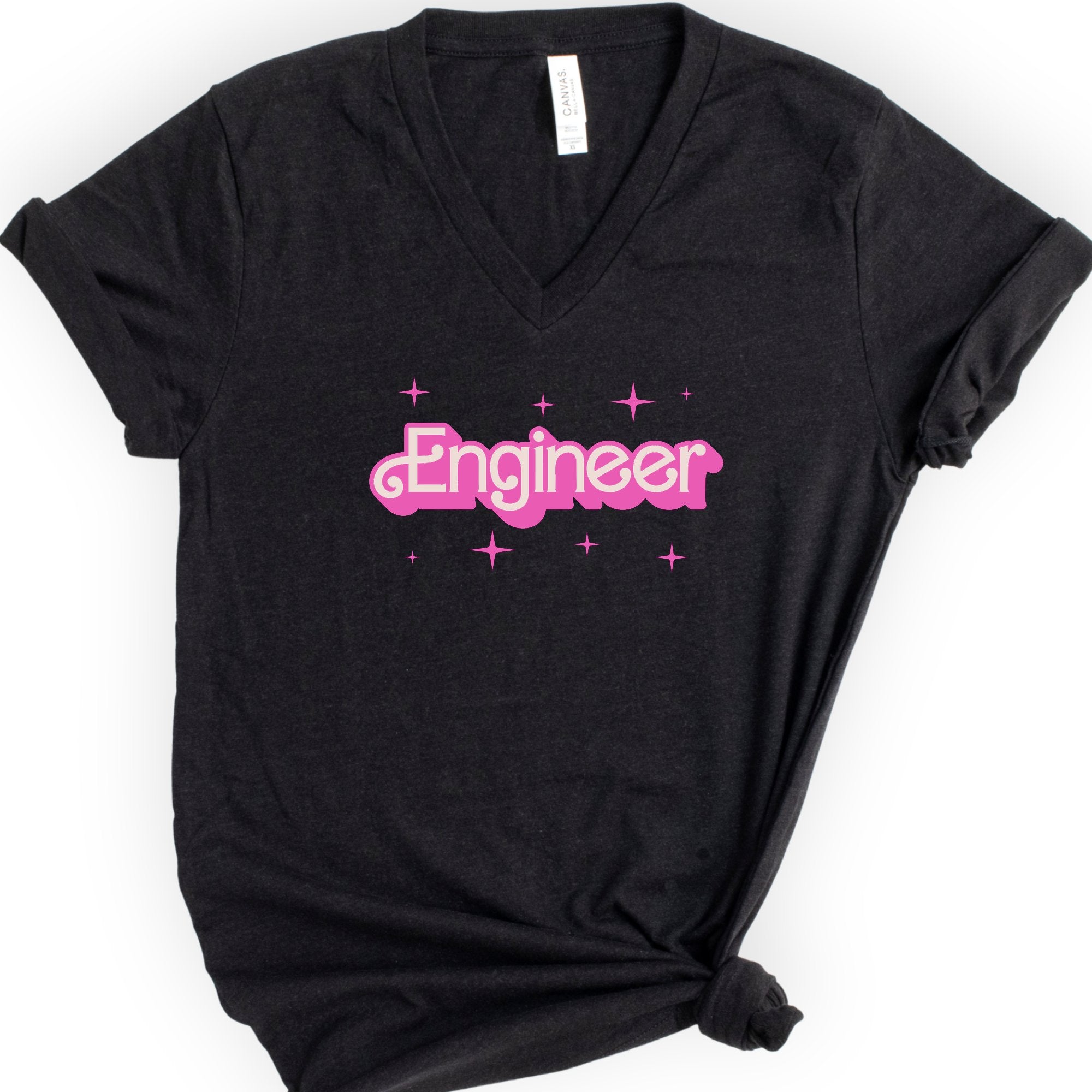 Engineer Pink Doll — Retro Script v-neck t-shirt — Black