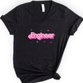 Engineer Pink Doll — Retro Script v-neck t-shirt — Black