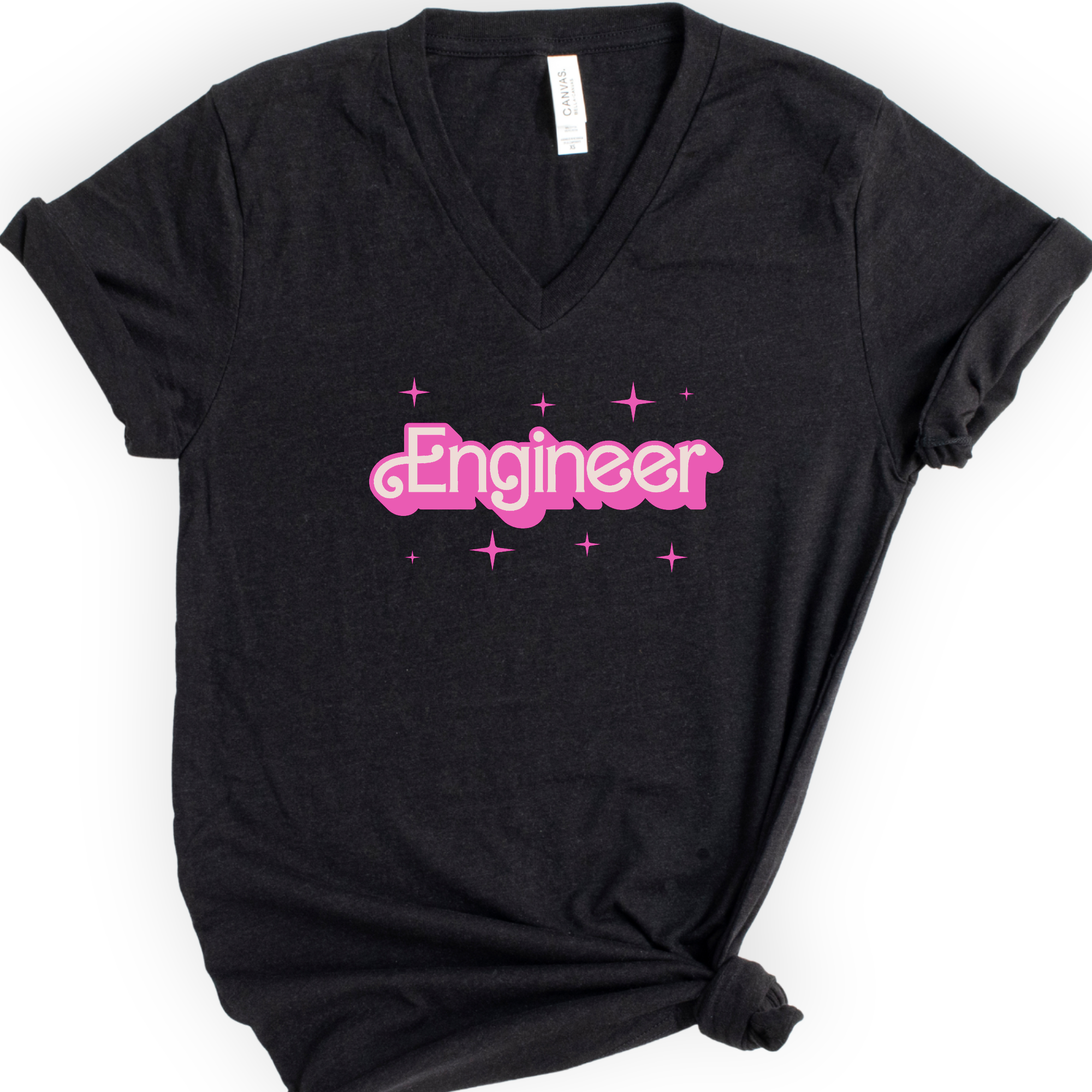Engineer Pink Doll — Retro Script v-neck t-shirt — Black