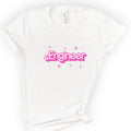 Engineer Pink Doll — Retro Script v-neck t-shirt — White