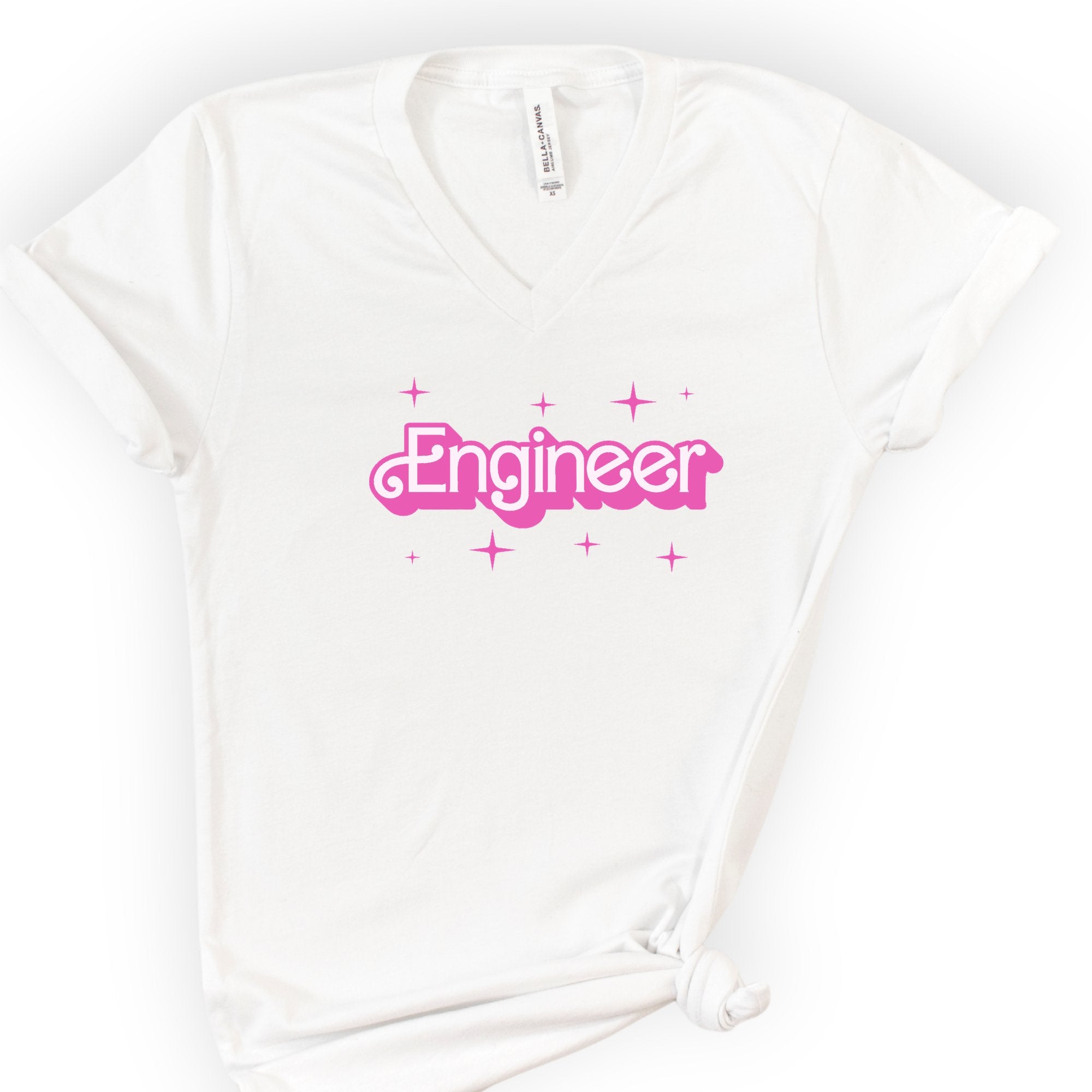 Engineer Pink Doll — Retro Script v-neck t-shirt — White