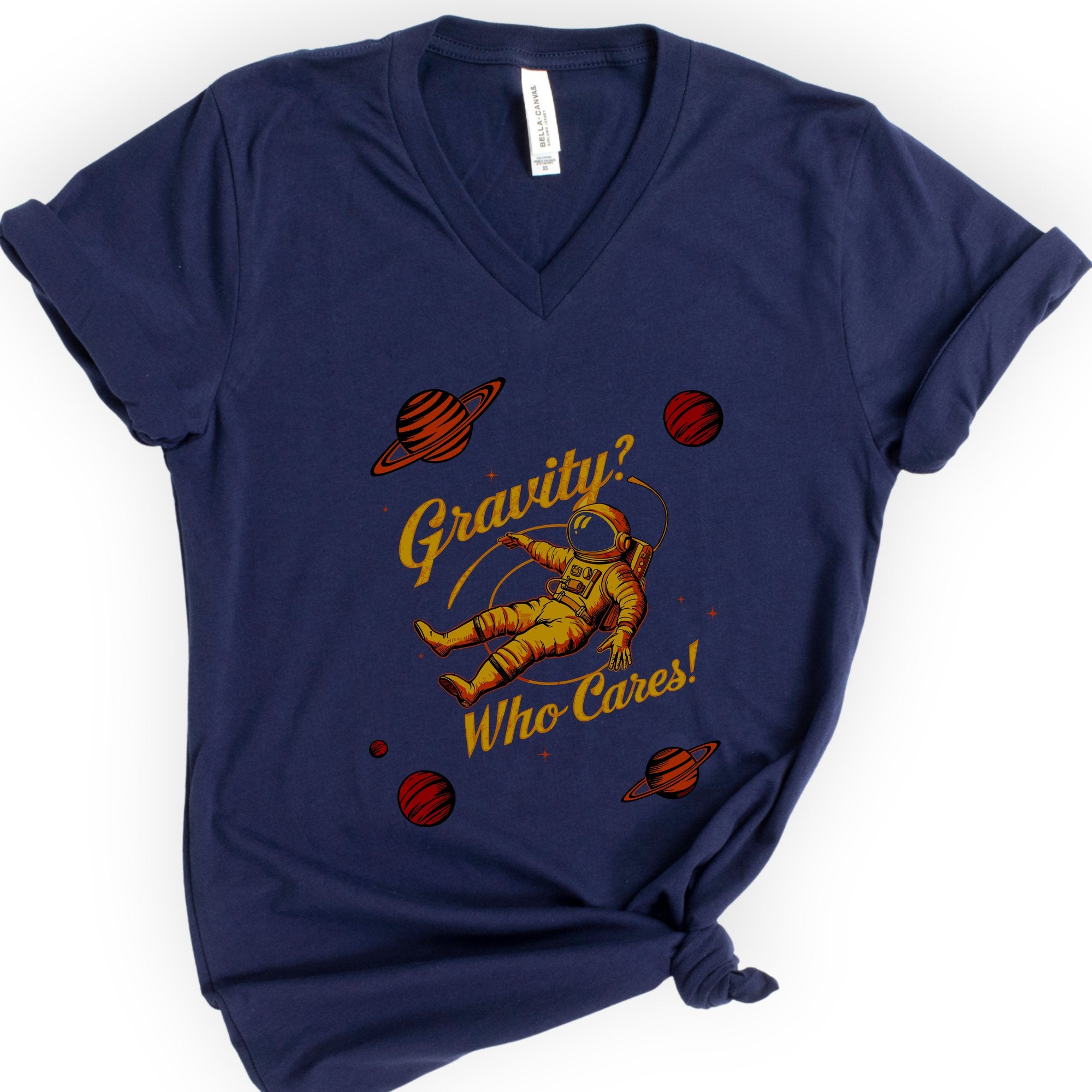 Gravity? Who Cares! v-neck t-shirt — Navy