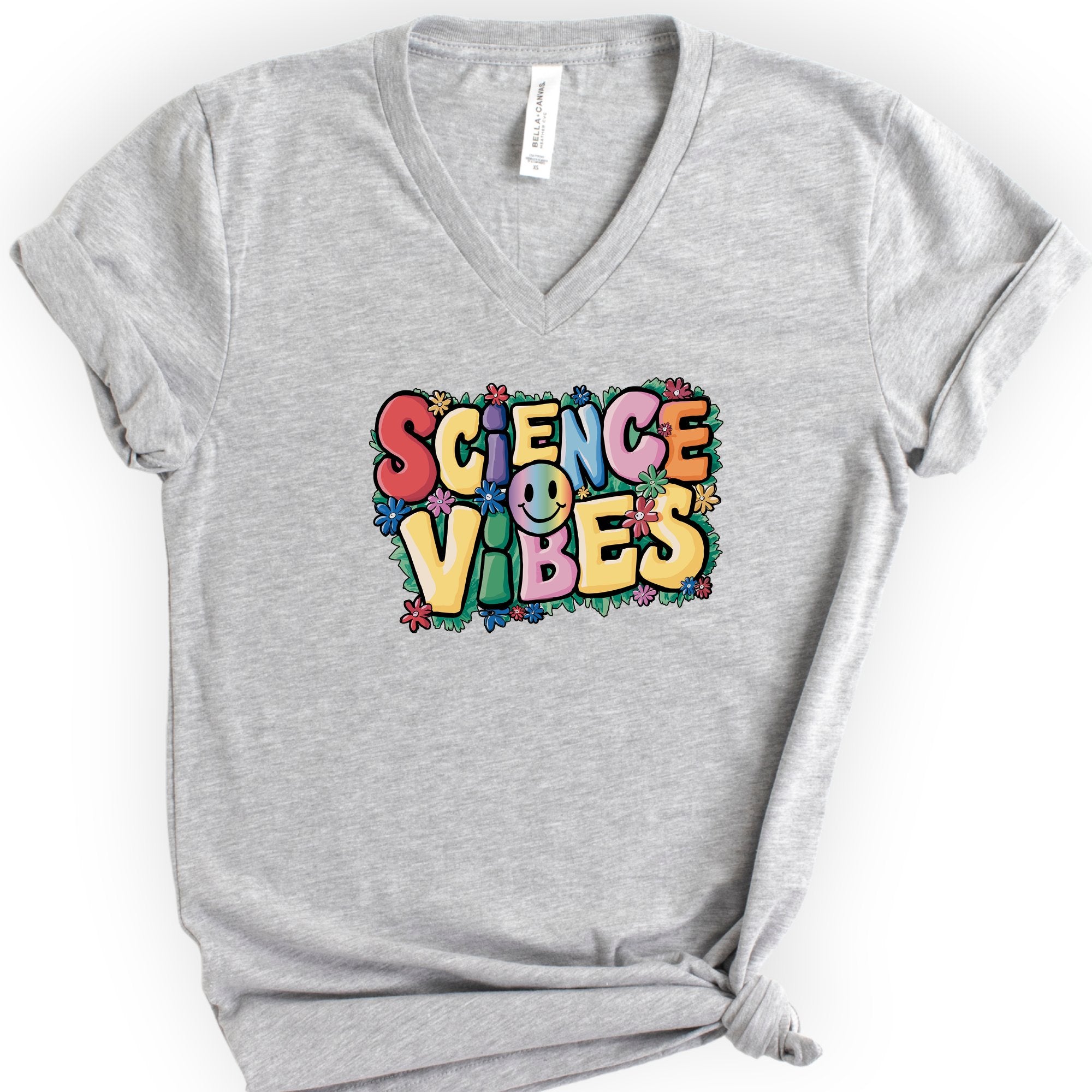 Happy Science Vibes v-neck t-shirt — Athletic Heather