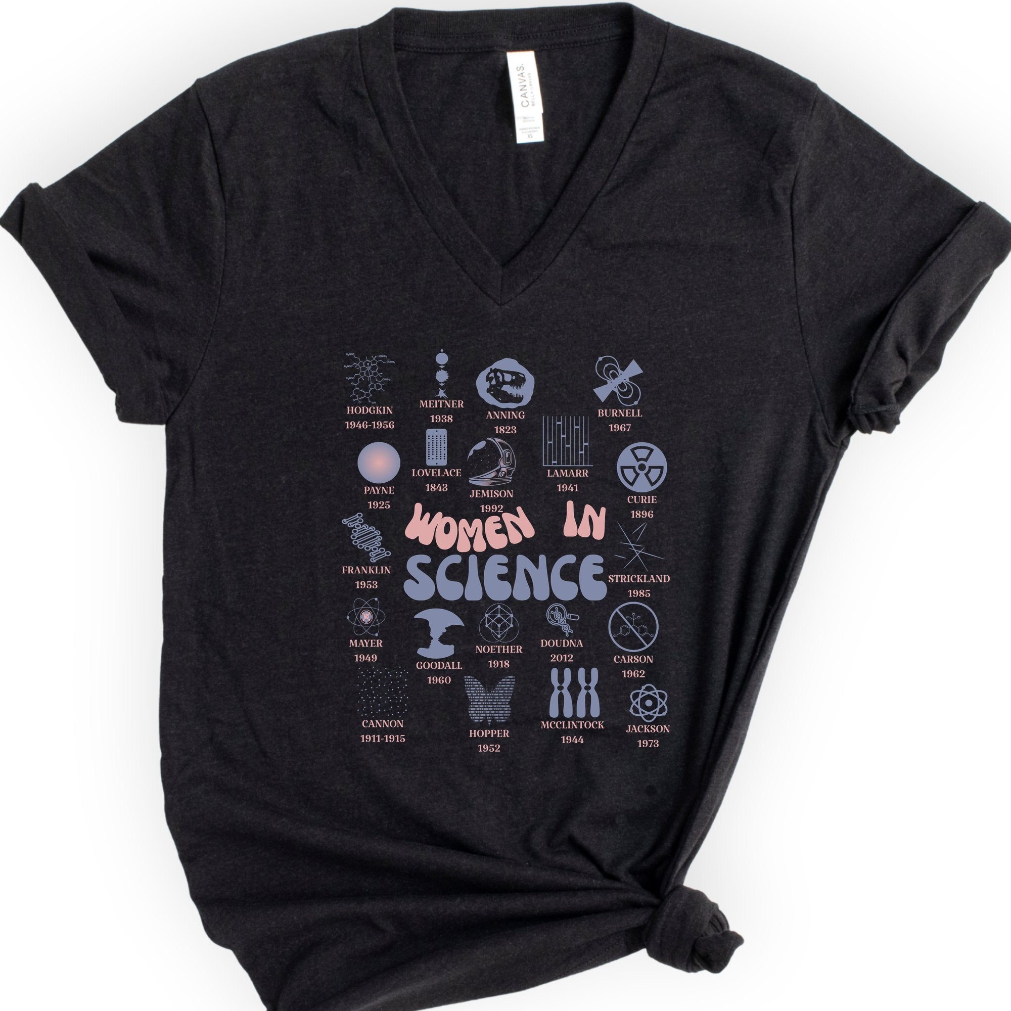 Historic Women Scientists v-neck t-shirt — Black