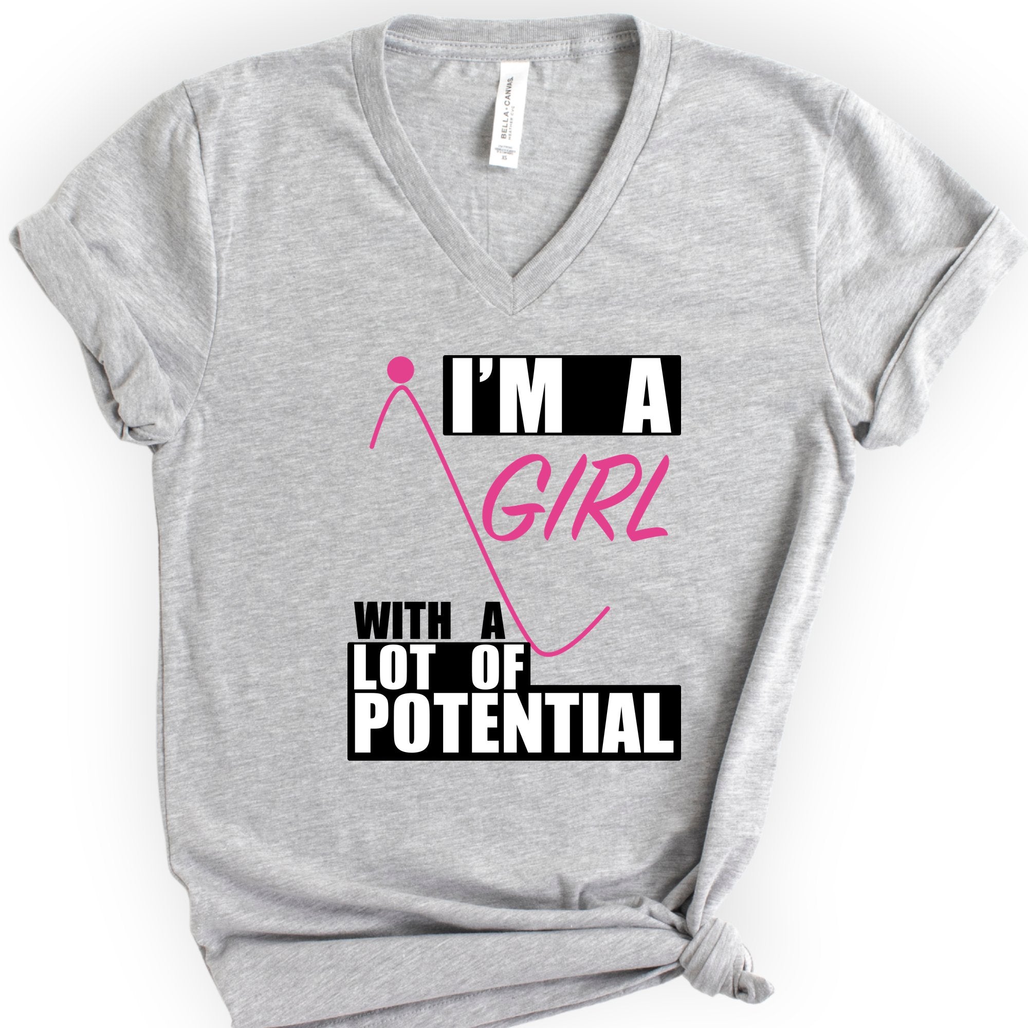 I'm A Girl With A Lot Of Potential v-neck t-shirt — Athletic Heather