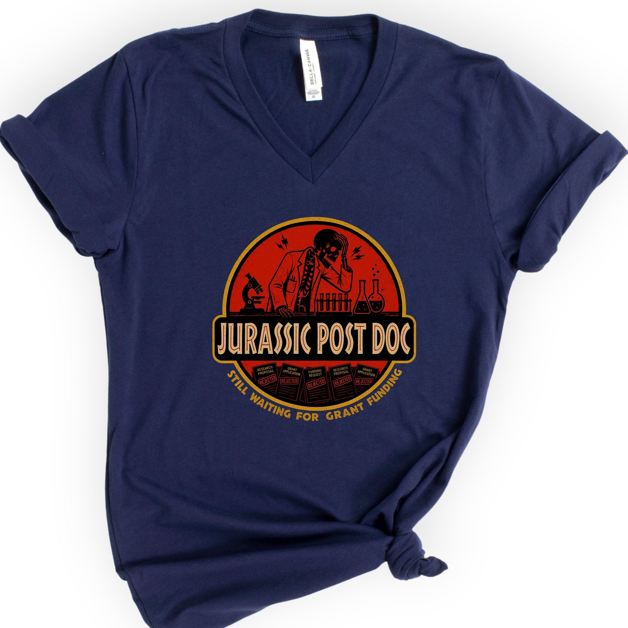 Jurassic Post Doc v-neck t-shirt — Navy