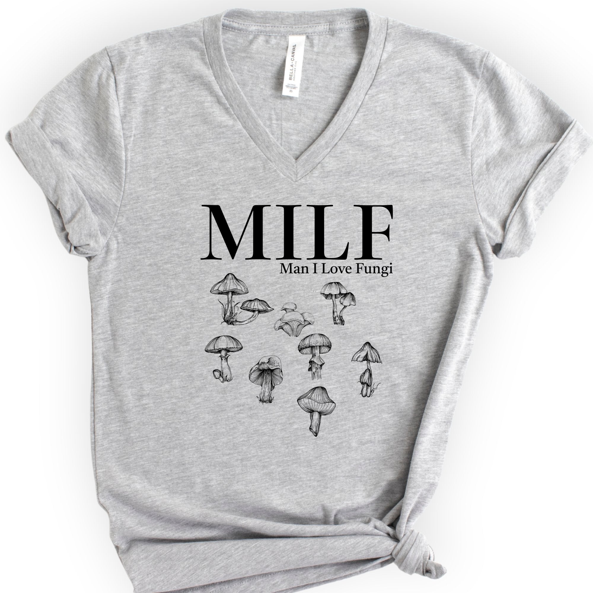 Man I Love Fungi v-neck t-shirt — Athletic Heather
