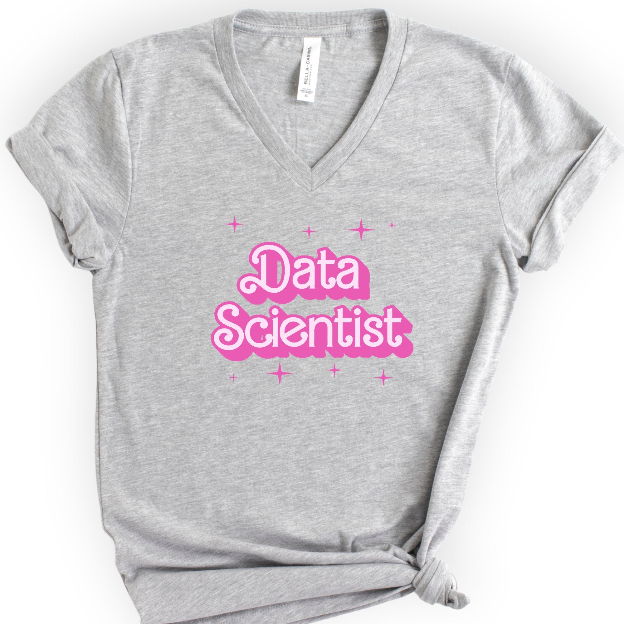 Data Scientist Pink Doll — Retro Script v-neck t-shirt — Athletic Heather