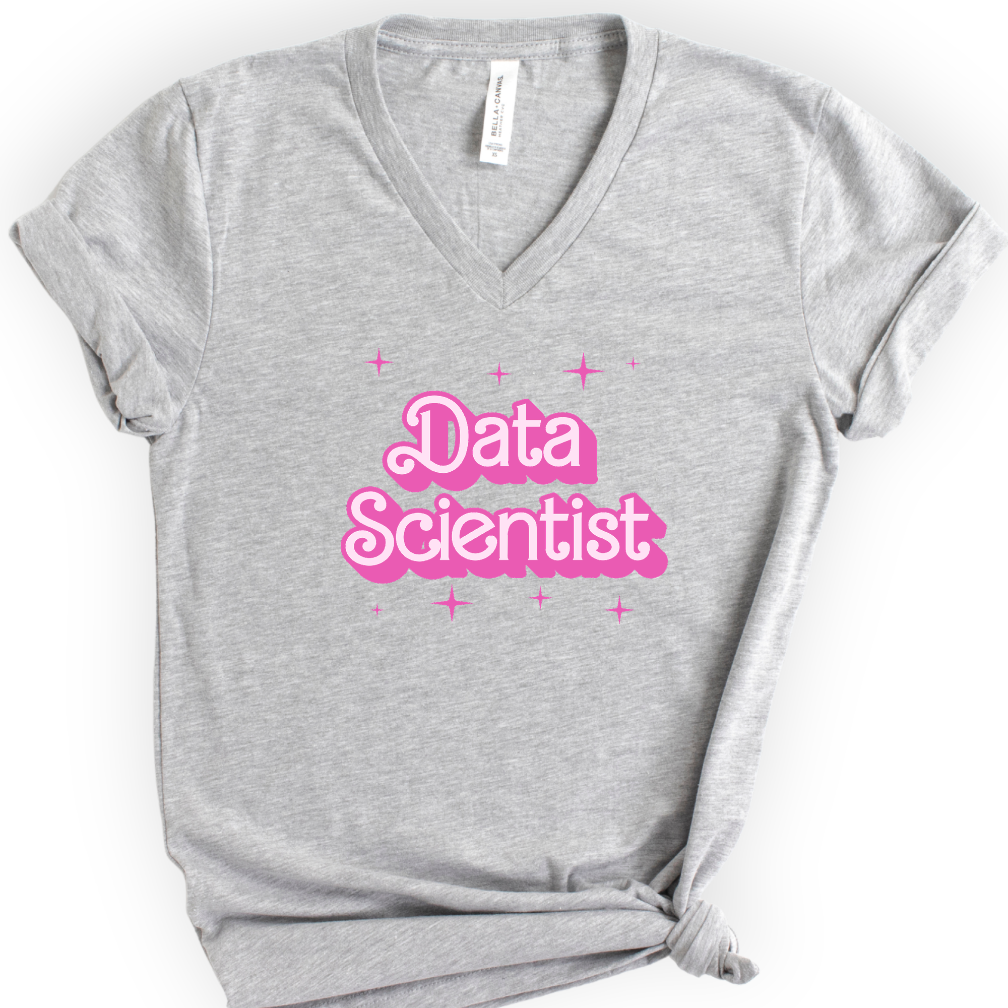 Data Scientist Pink Doll — Retro Script v-neck t-shirt — Athletic Heather