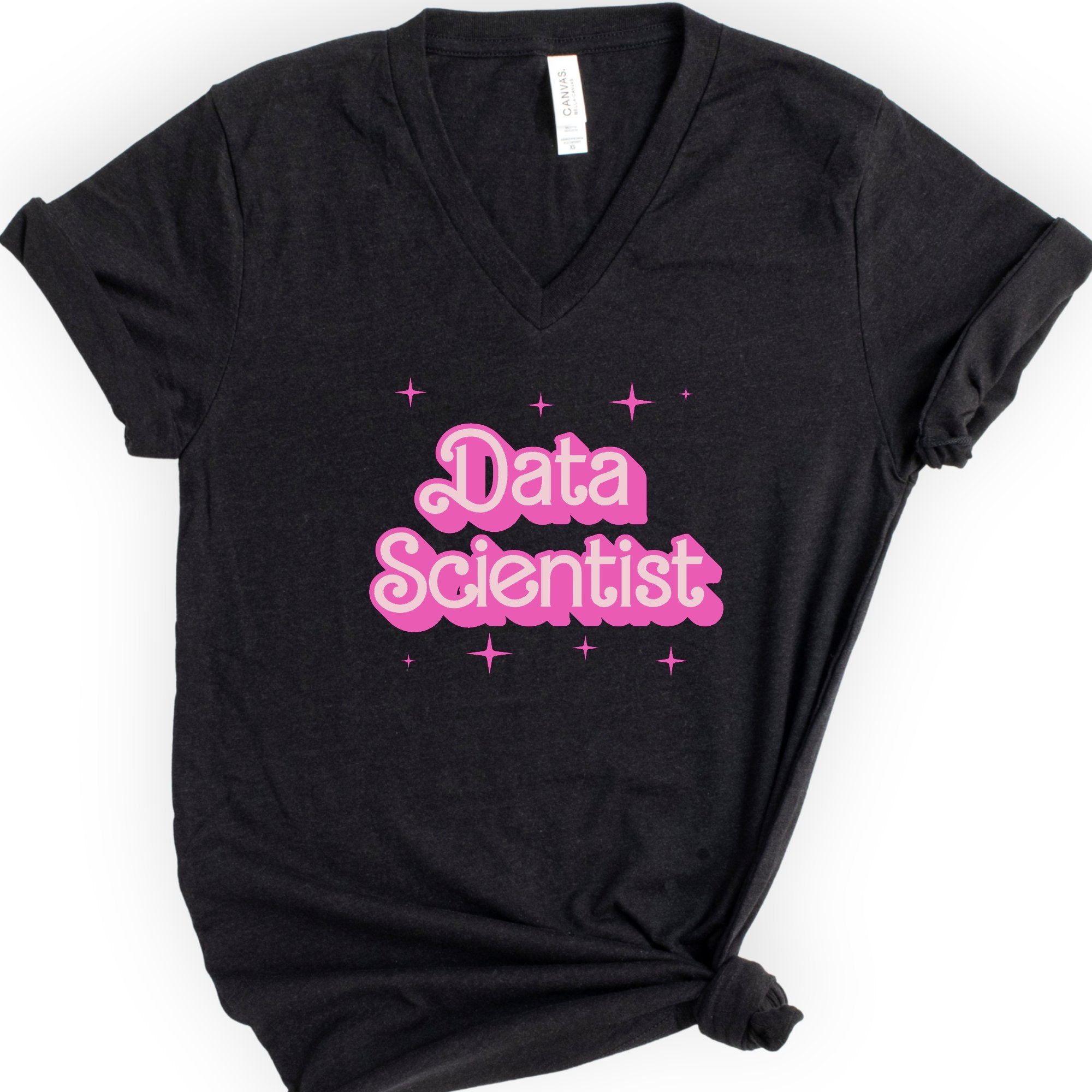 Data Scientist Pink Doll — Retro Script v-neck t-shirt — Black