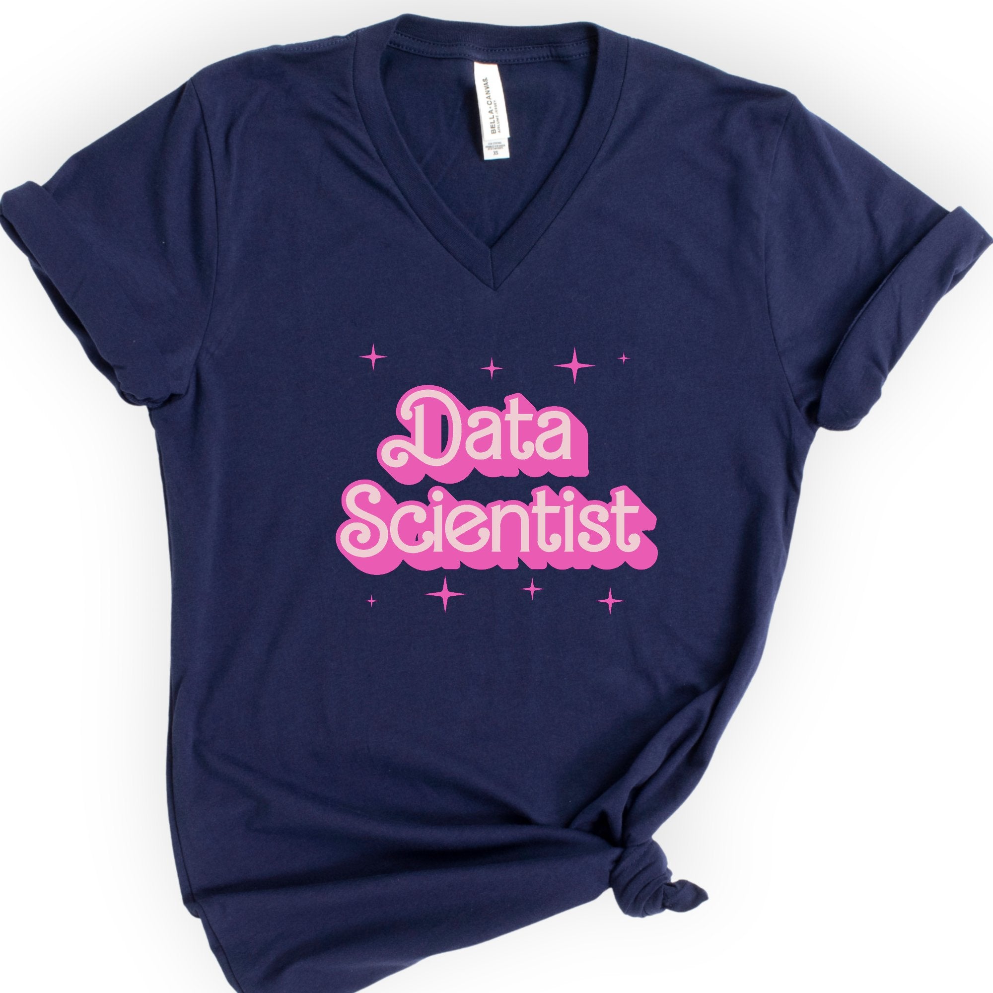 Data Scientist Pink Doll — Retro Script v-neck t-shirt — Navy