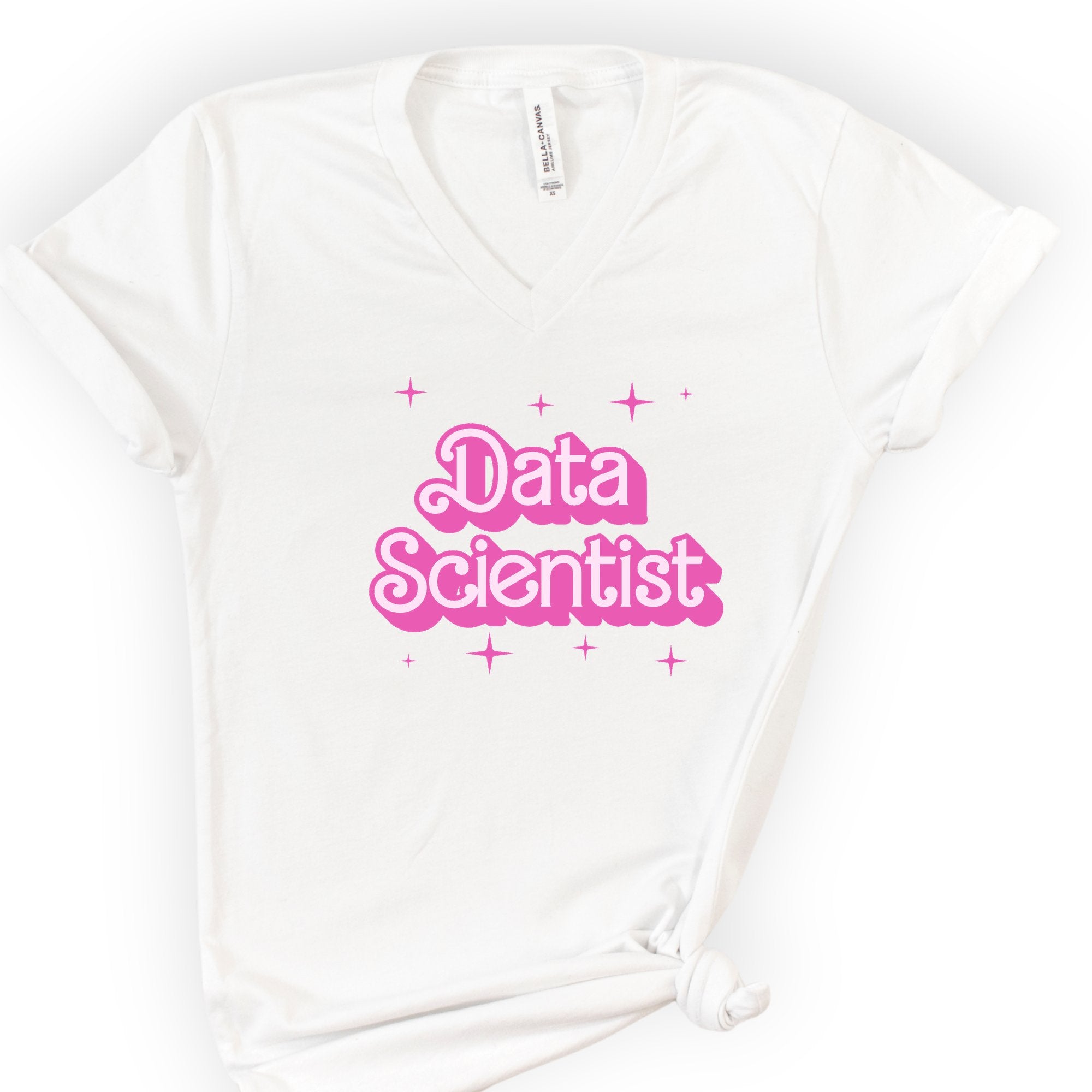 Data Scientist Pink Doll — Retro Script v-neck t-shirt — White