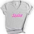 Doctor Pink Doll — Retro Script v-neck t-shirt — Athletic Heather