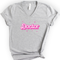 Doctor Pink Doll — Retro Script v-neck t-shirt — Athletic Heather
