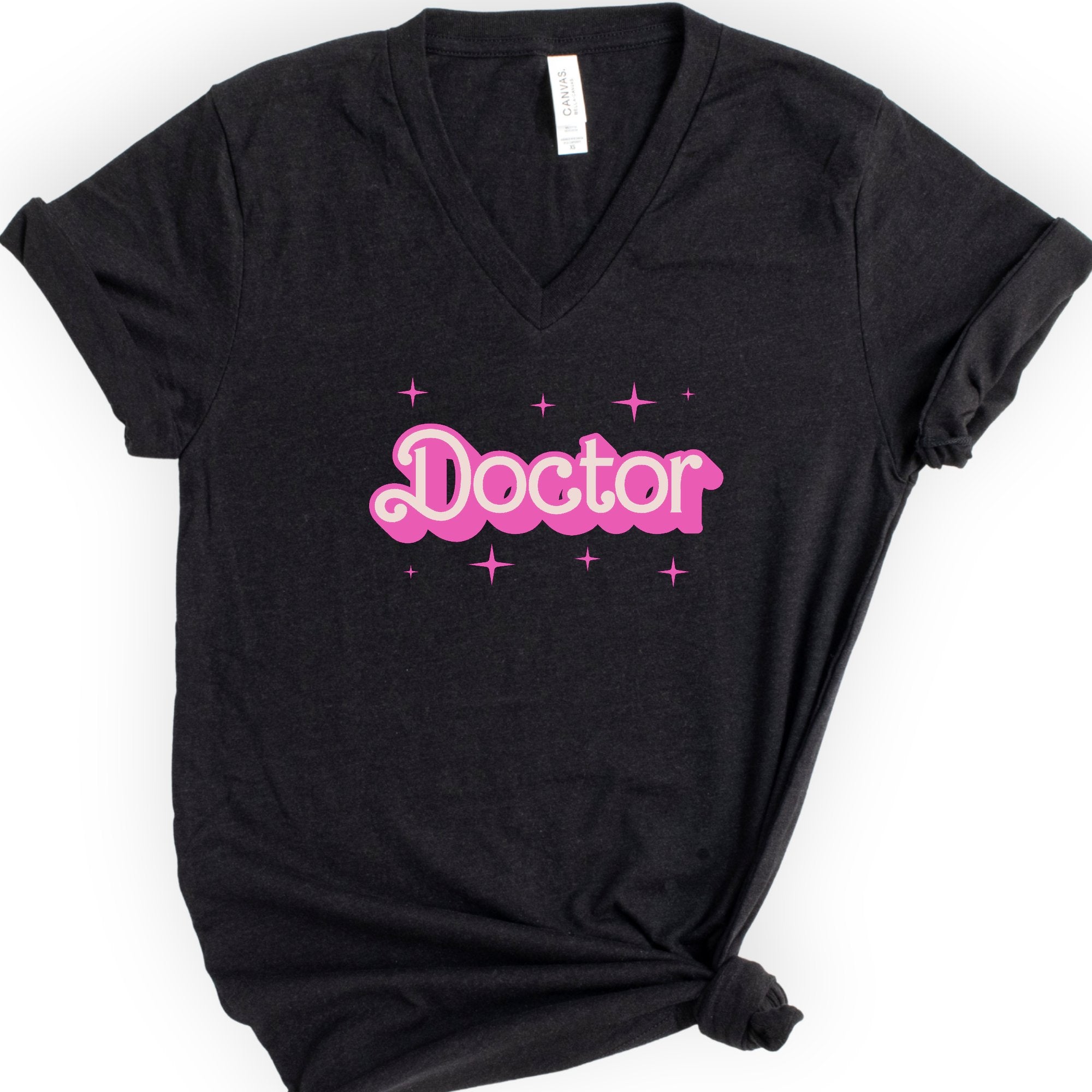 Doctor Pink Doll — Retro Script v-neck t-shirt — Black