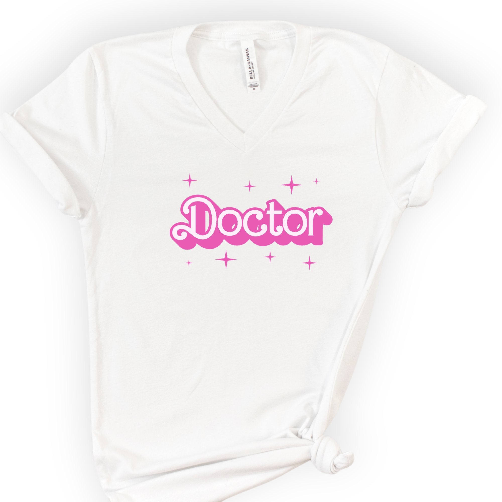 Doctor Pink Doll — Retro Script v-neck t-shirt — White