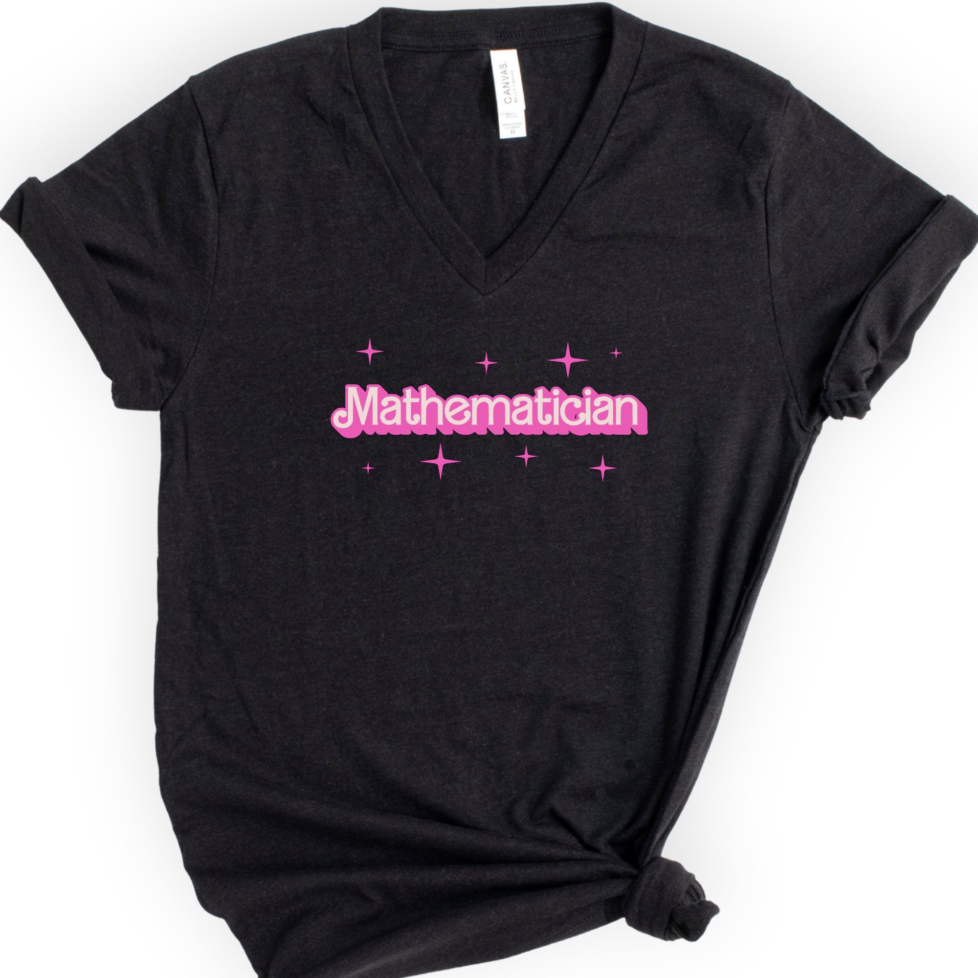 Mathematician Pink Doll — Retro Script v-neck t-shirt — Black